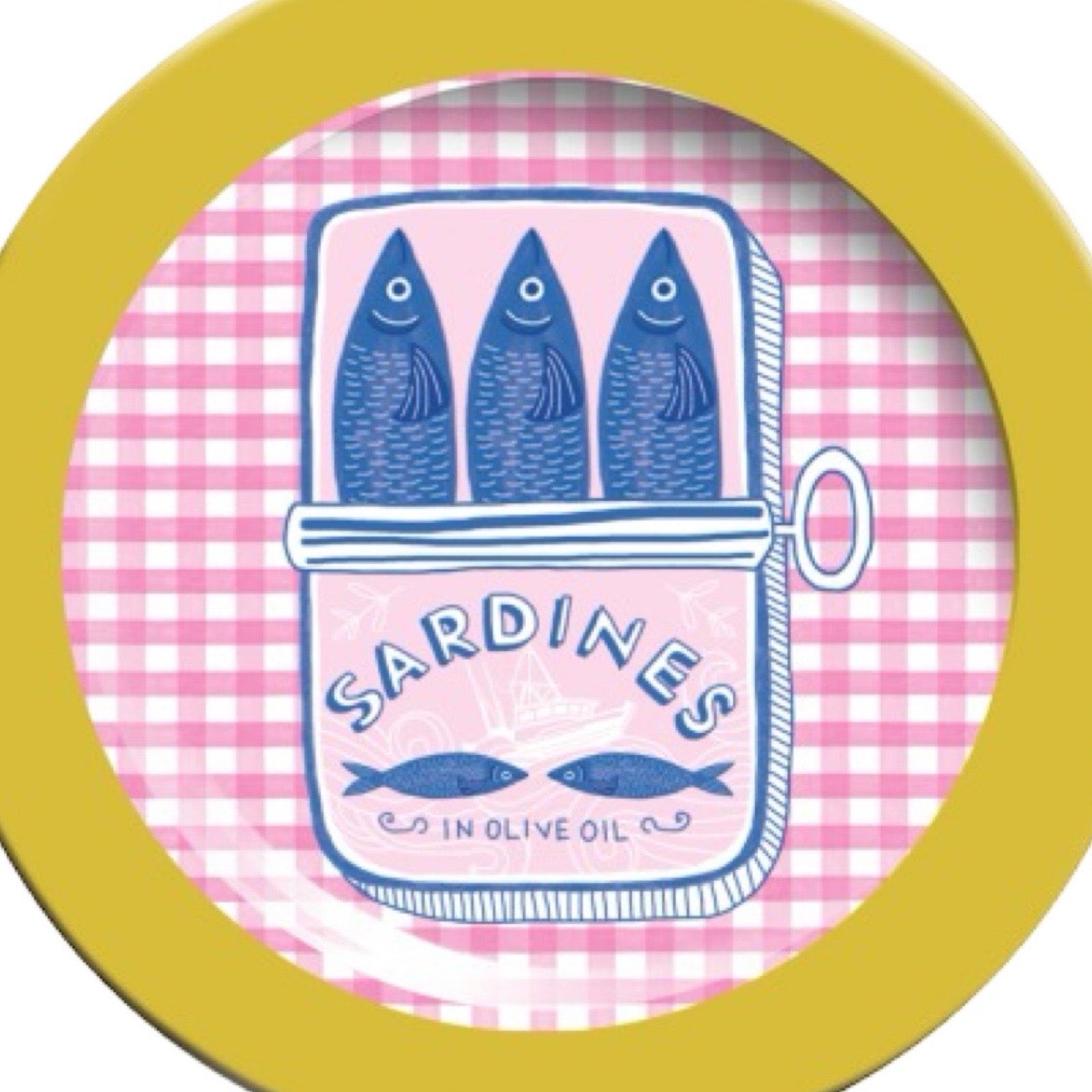 Round plate with yellow rim featuring a design of sardines in a can on a pink checkered background.