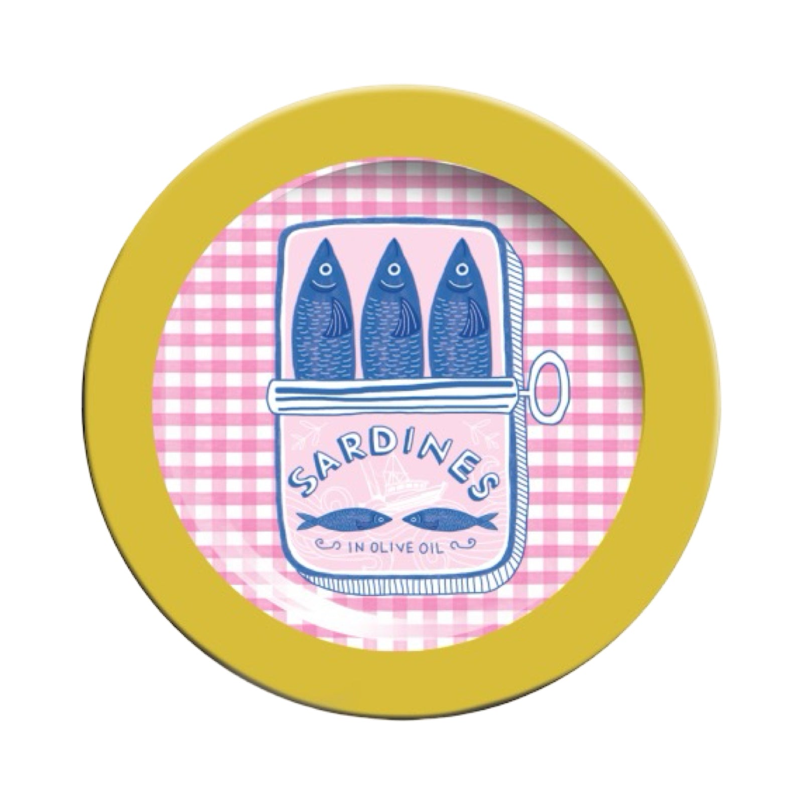 Round plate with yellow rim featuring a design of sardines in a can on a pink checkered background.