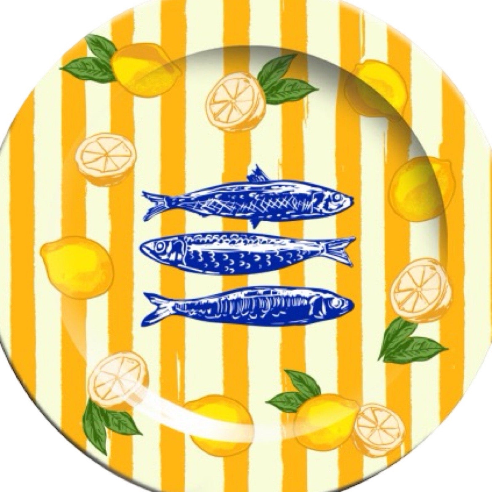 Decorative plate with yellow and white striped pattern, blue fish, and lemons on a white background.
