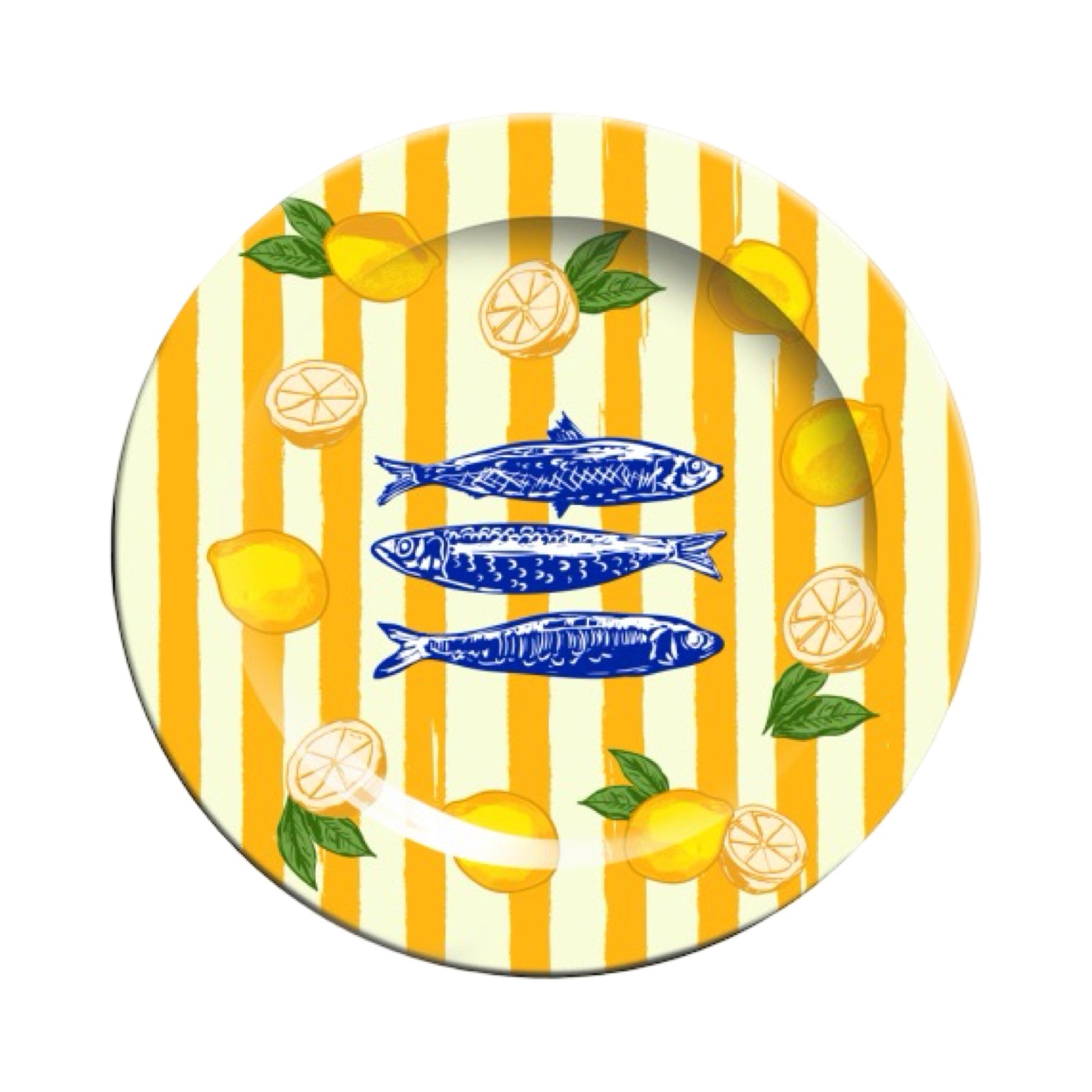 Decorative plate with yellow and white striped pattern, blue fish, and lemons on a white background.
