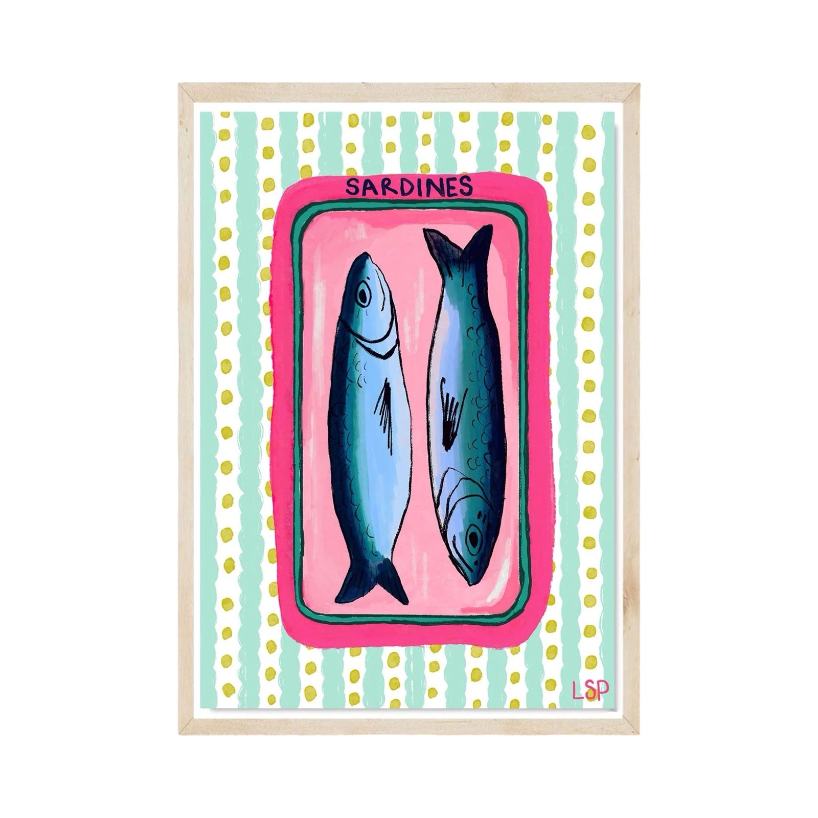 This print features an illustration of a pink tin of sardines with a green and white striped background. 