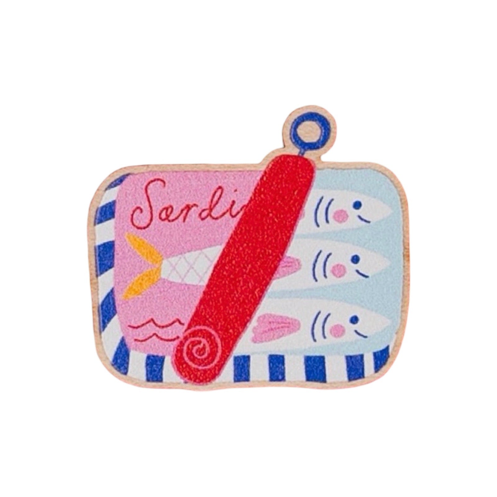 A colourful pin badge shaped like a sardine tin, featuring three white sardines on a light blue background, a pink sardine, a red seatbelt graphic, the word 'Sardine', and blue-and-white striped edges on a white background.