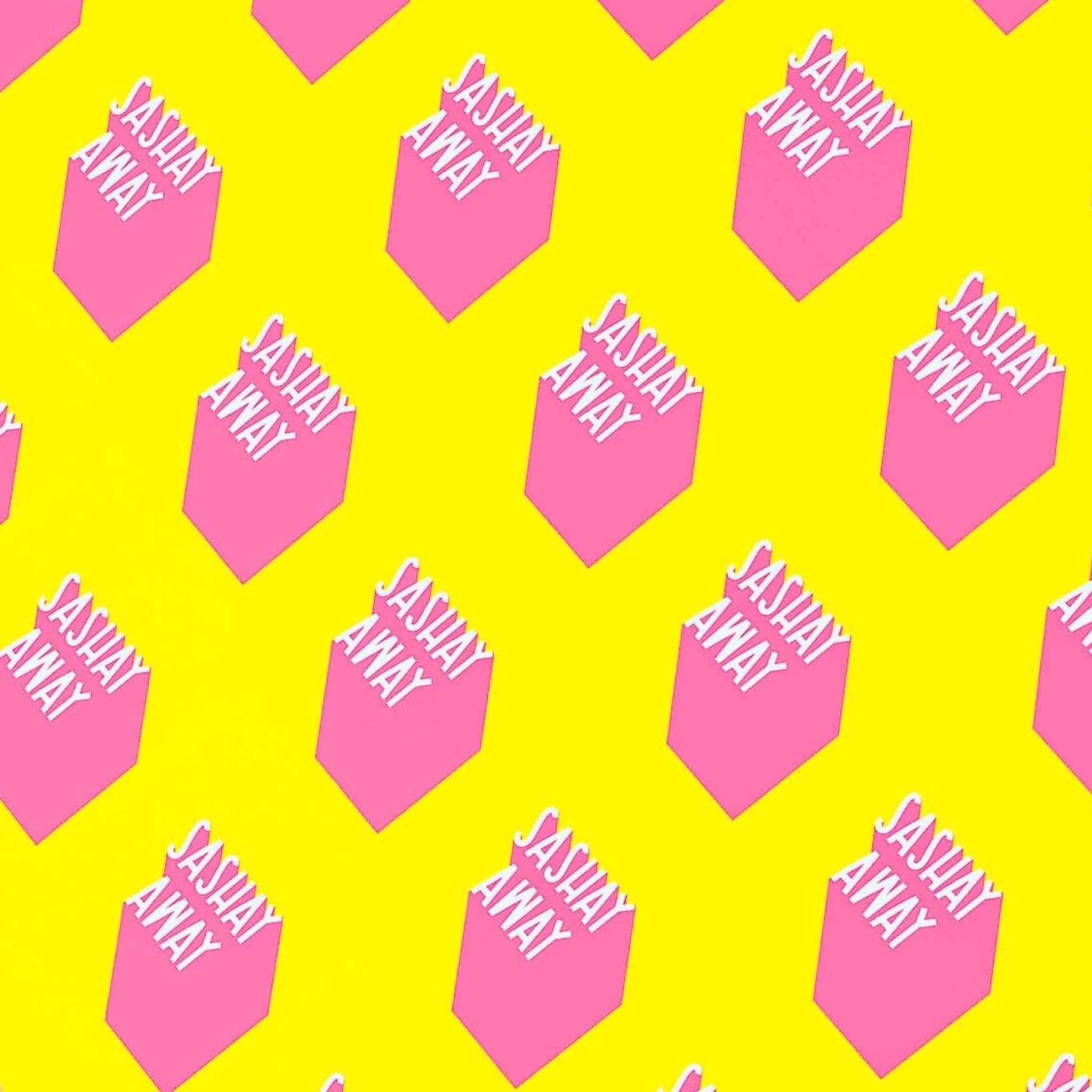 Wrapping paper with a yellow background and pink geometric shapes with the text 'Sashay Away'.