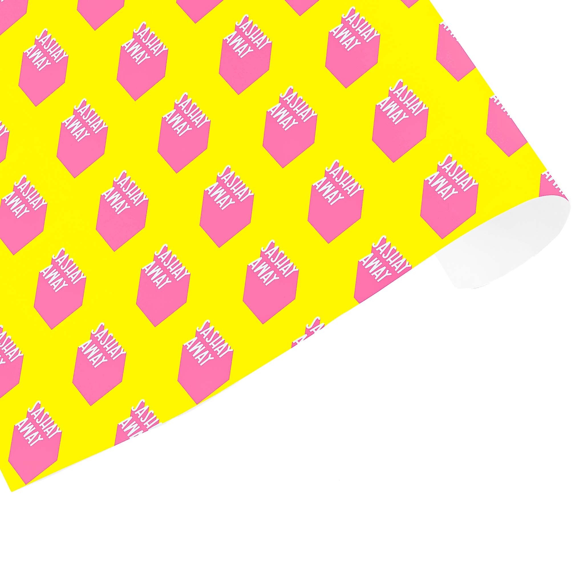 Wrapping paper with a yellow background and pink geometric shapes with the text 'Sashay Away'.