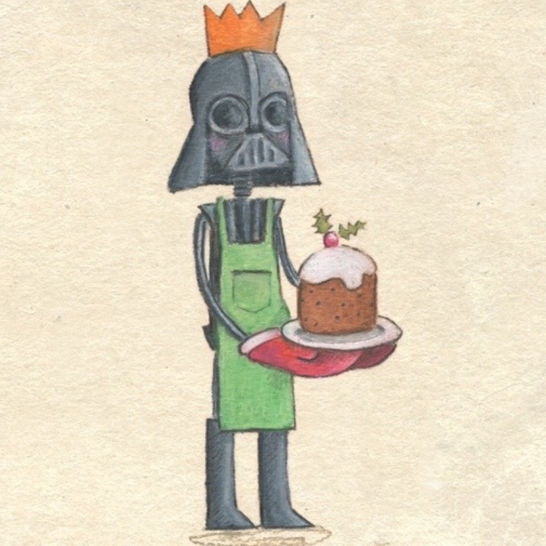 Illustration of Darth Vader wearing a crown and apron, holding a Christmas cake.