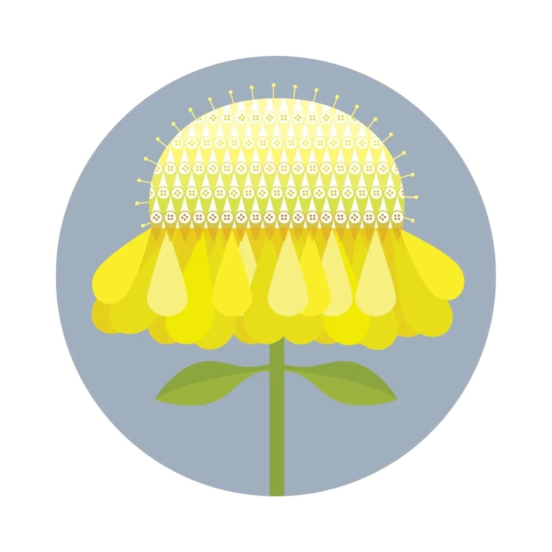 Round placemat featuring a scabiosa flower abstract design in yellow and grey, made from cork-backed melamine which makes it resistant to high temperatures.