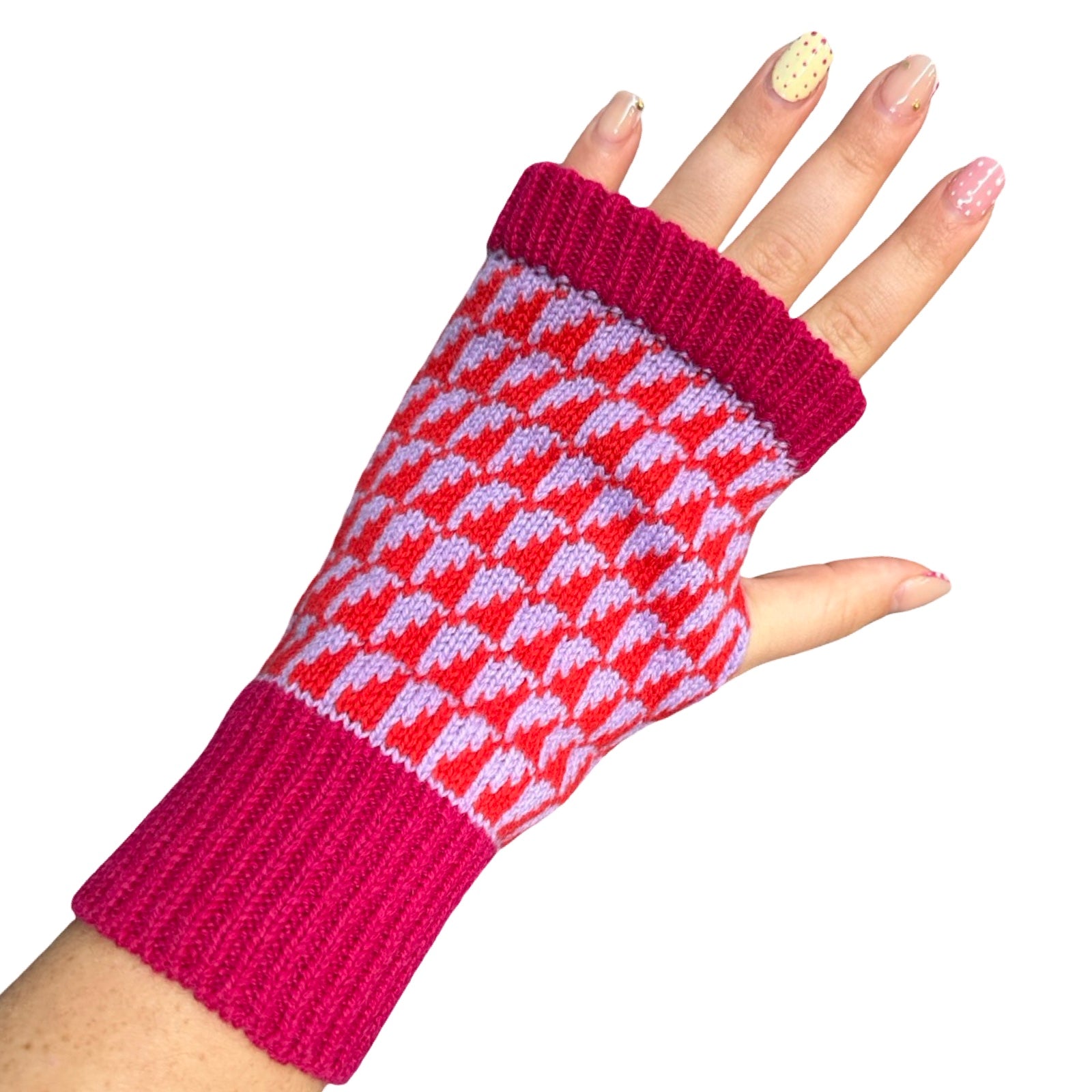 Scarlet and lupin purple patterned wrist warmers have a contrasting ruby red cuff and trim.