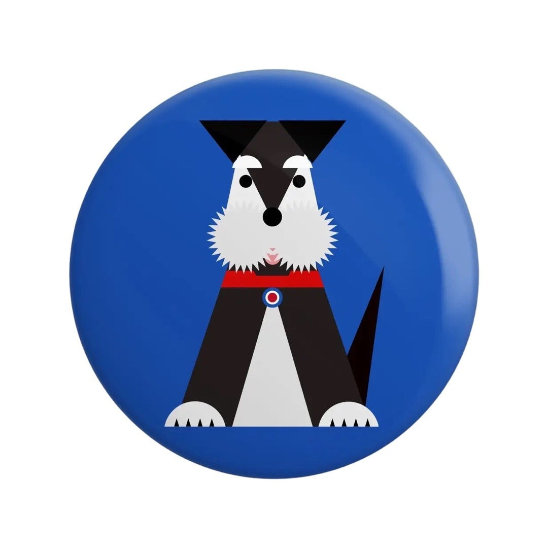 A round badge featuring a stylized illustration of a Schnauzer dog wearing sunglasses and a red and blue jacket on a blue background.