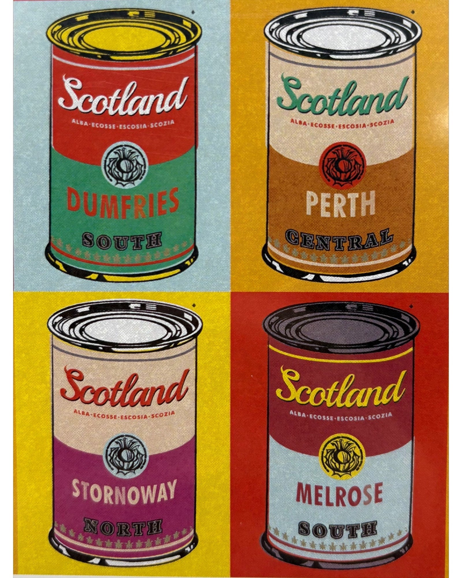 4 Andy Warhol inspired soup cans with the Dumfries, Perth, Stornoway and Melrose areas of Scotland on the cans.