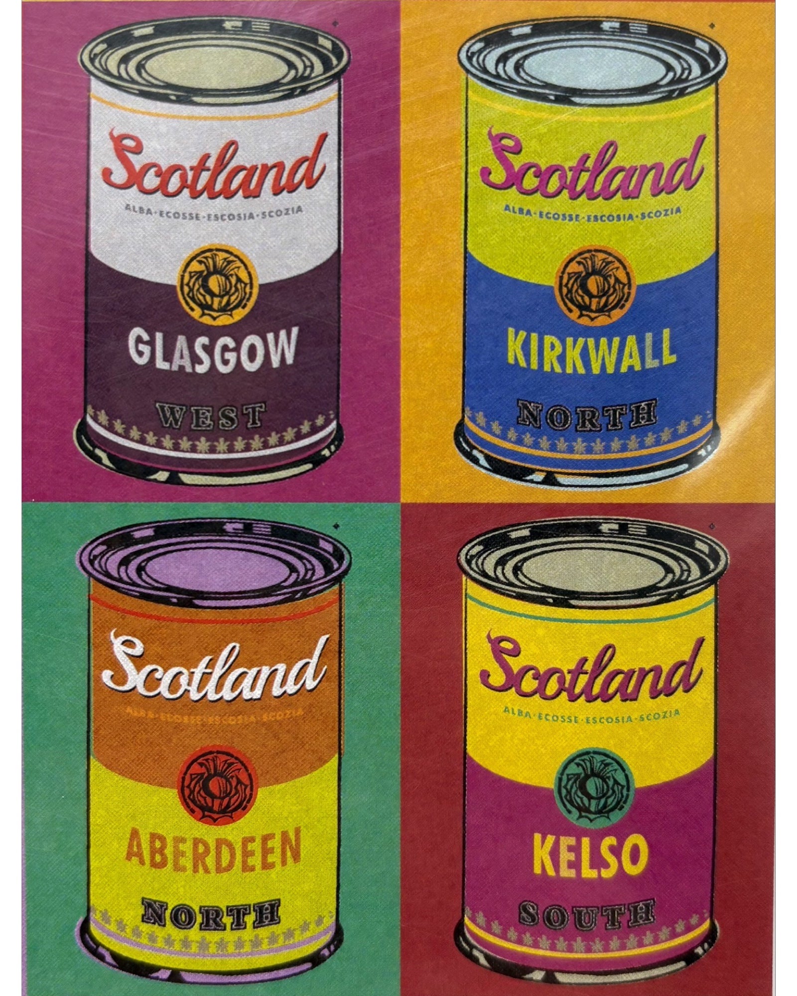 4 Andy Warhol inspired soup cans with the Glasgow, Kirkwall, Aberdeen and Kelso areas of Scotland on the cans.