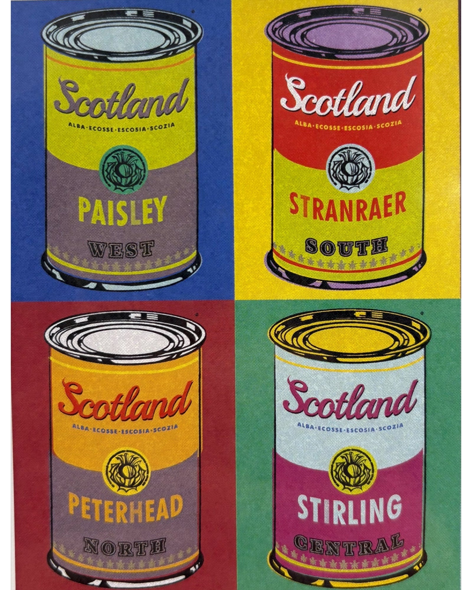 4 Andy Warhol inspired soup cans with the Paisley, Stranraer, Peterhead and Stirling areas of Scotland on the cans.