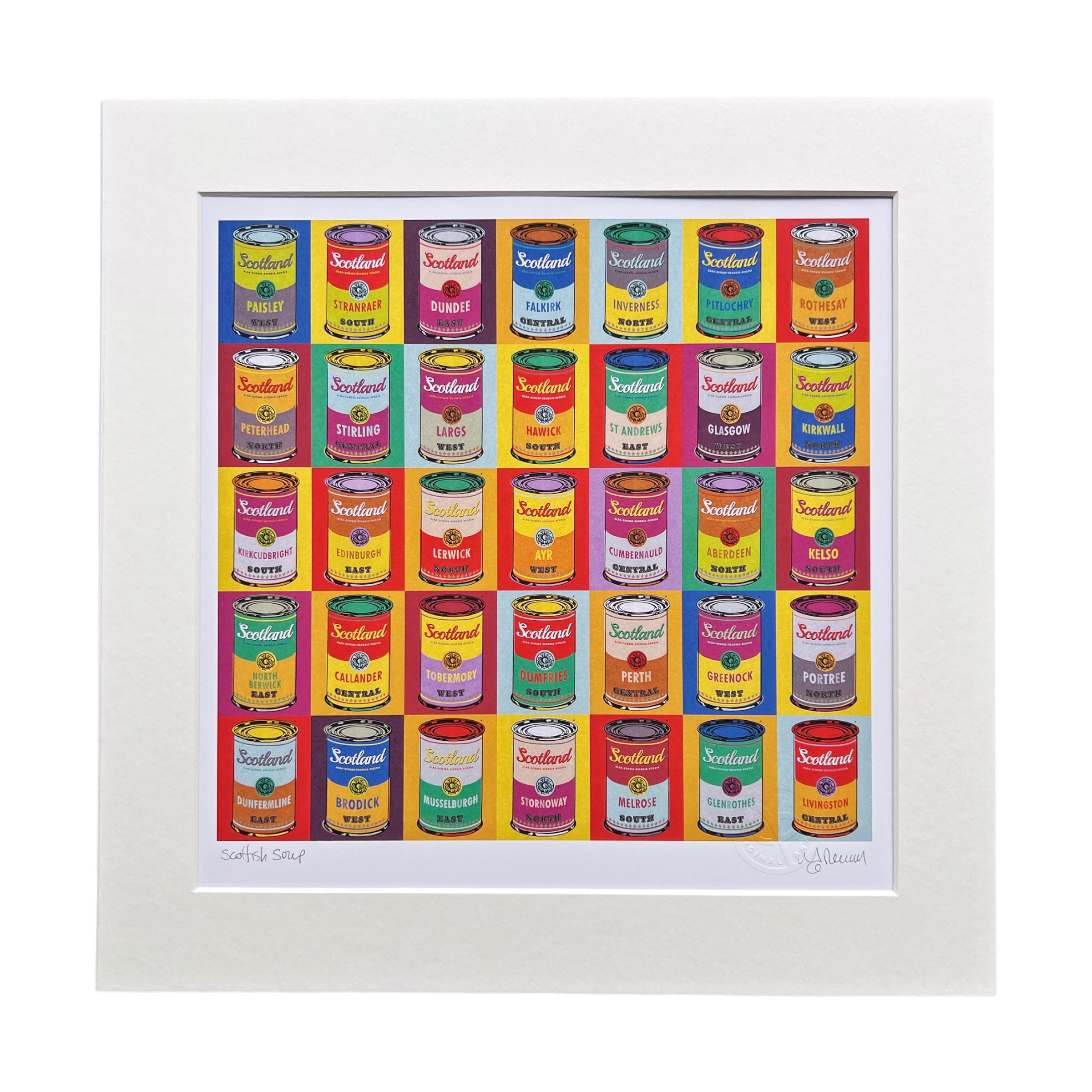 Scotland soup print, featuring areas of Scotland named on Andy Warhol-inspired soup cans, mounted in an off-white mount