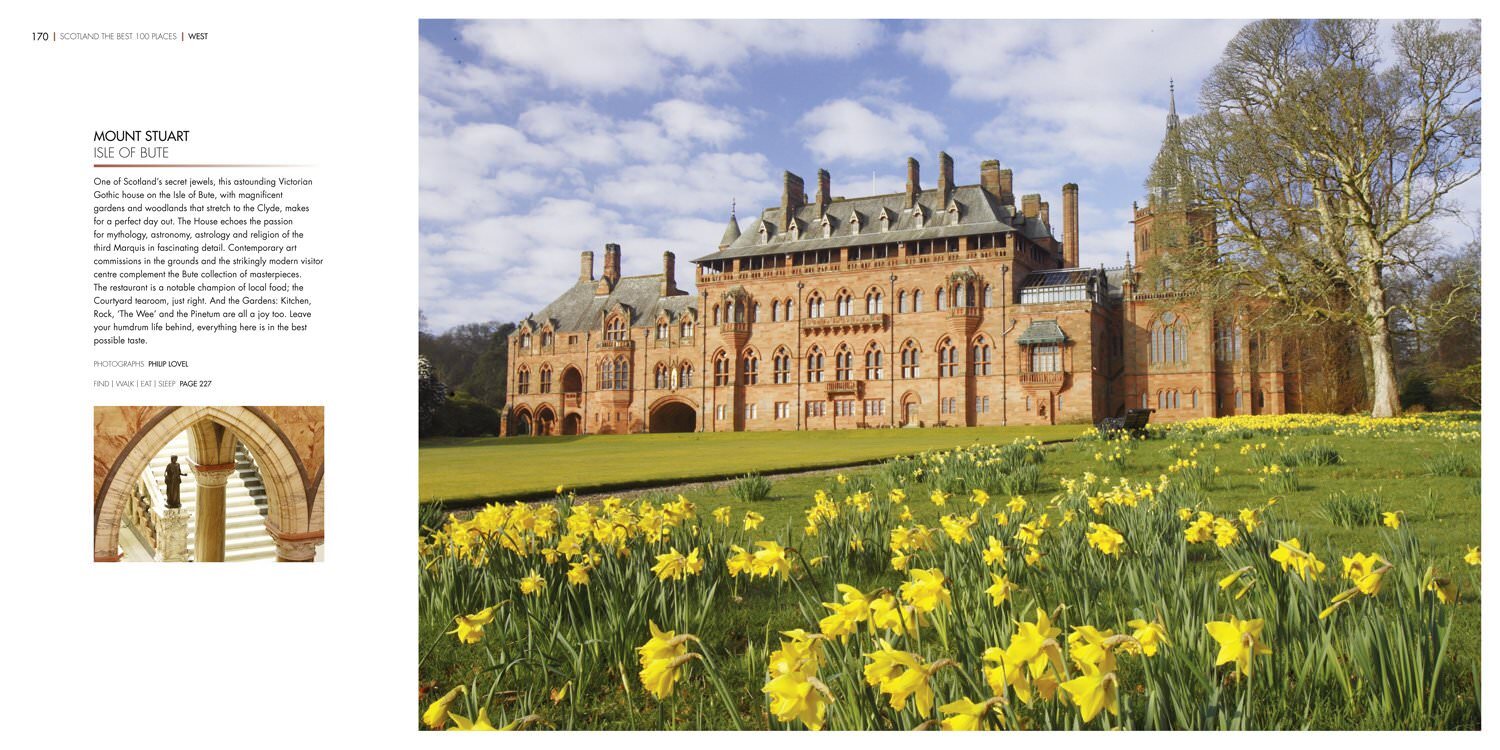 A page from Scotland the Best 100 Places book showing Mount Stuart on the Isle of Bute.