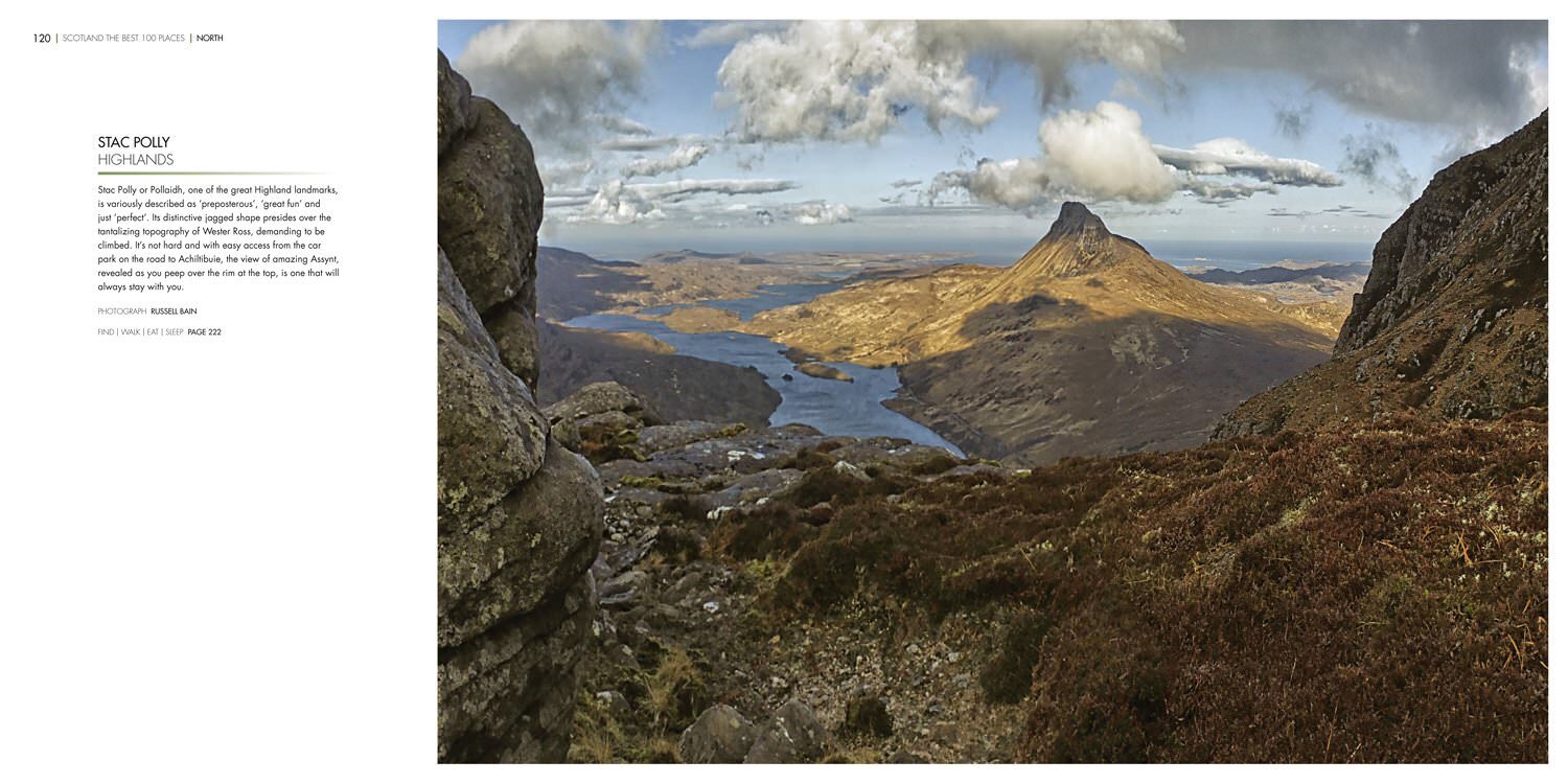 A page from Scotland the Best 100 places book showing Stac Polly in the HIghlands.