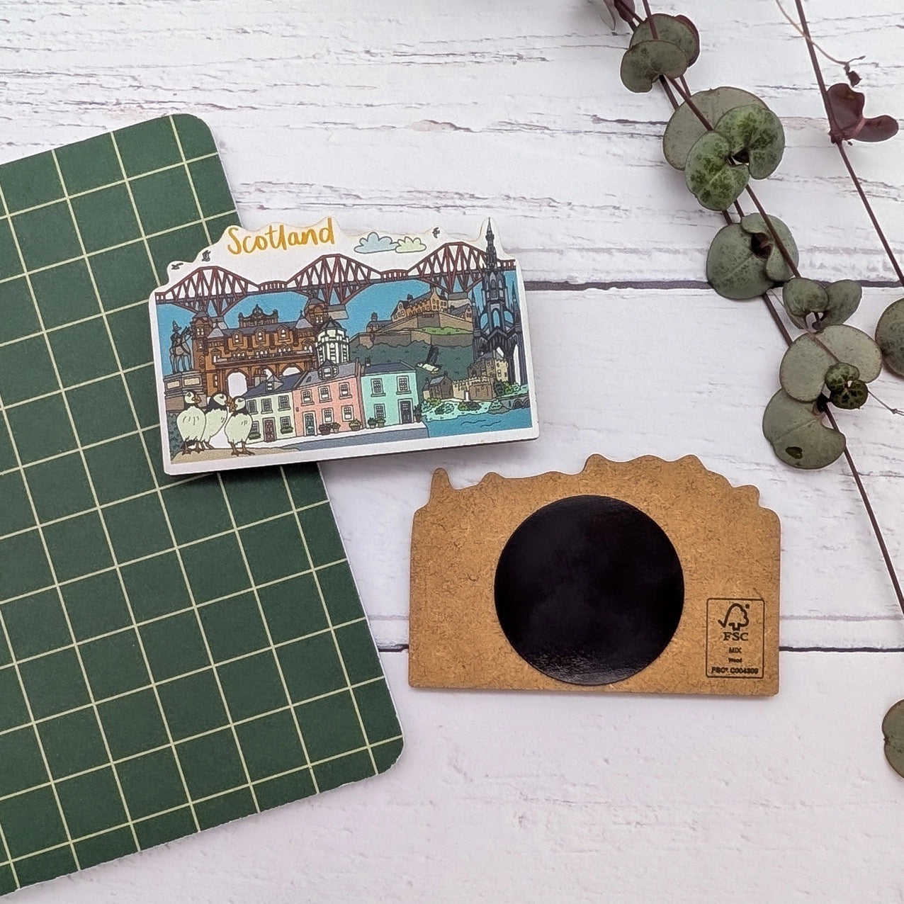 A wooden magnet with a printed illustration of Scottish landmarks and the word 'Scotland' written across the top, with another turned over magnet, all on a white and green background with a plant.