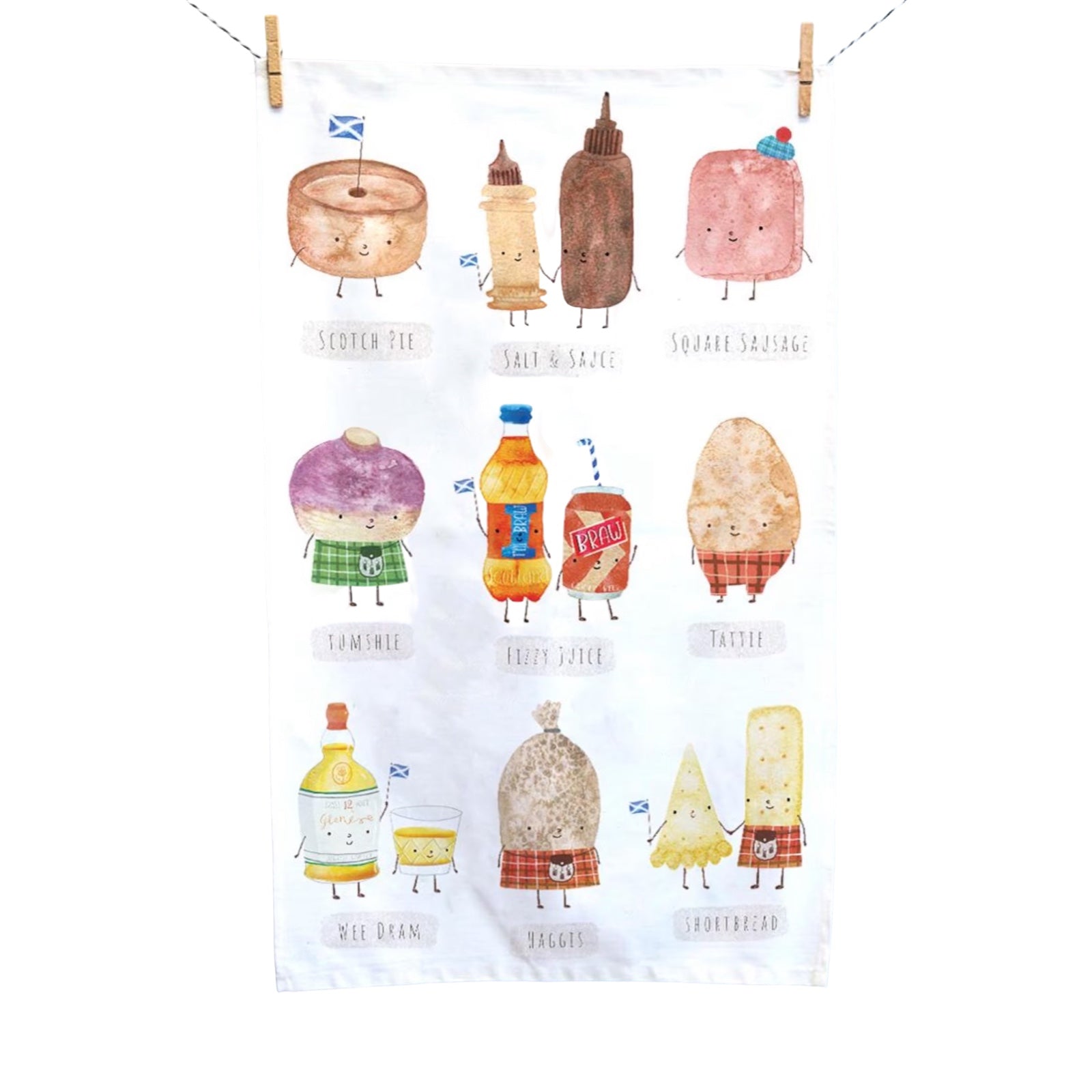 Tea towel features illustrations of some of Scotland's favourite food and drink. Included are a scotch pie, salt and sauce, square sausage, tumshie, fizzy juice, tattie, shortbread, haggis and a wee dram.