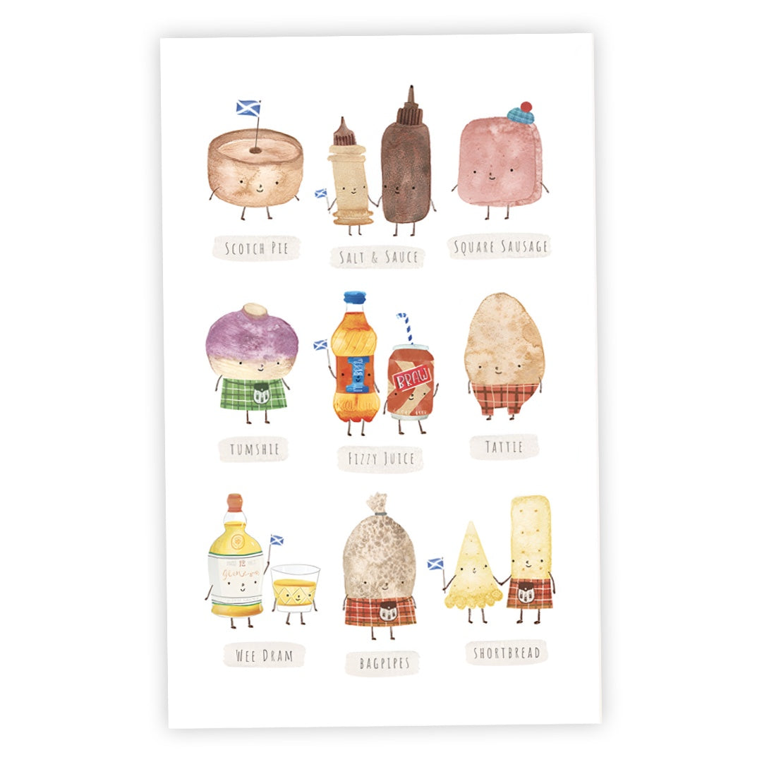 Illustrations of some of Scotland's favourite food and drink. Included are a scotch pie, salt and sauce, square sausage, tumshie, fizzy juice, tattie, shortbread, haggis and a wee dram.