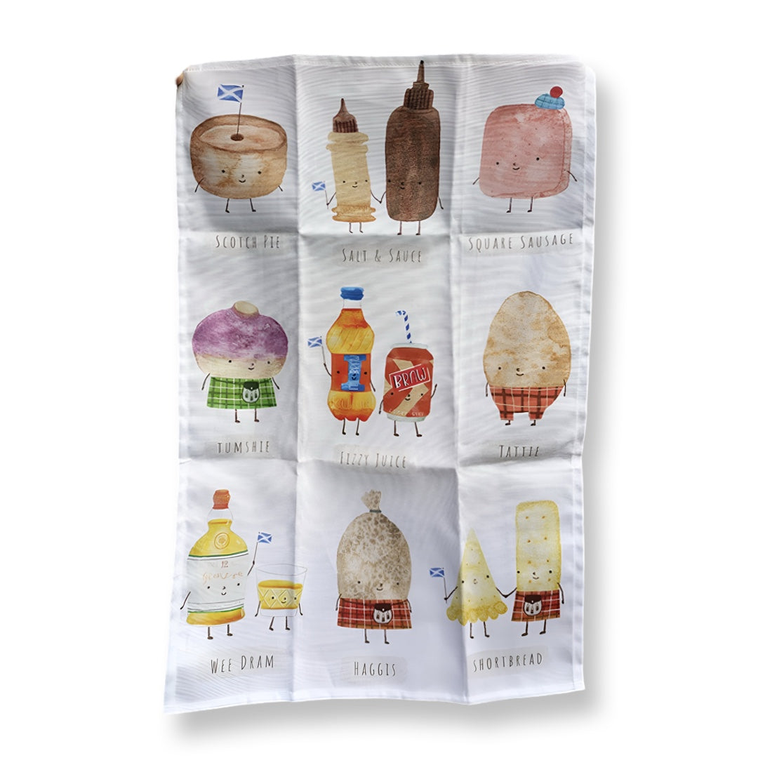 Tea towel features illustrations of some of Scotland's favourite food and drink. Included are a scotch pie, salt and sauce, square sausage, tumshie, fizzy juice, tattie, shortbread, haggis and a wee dram.