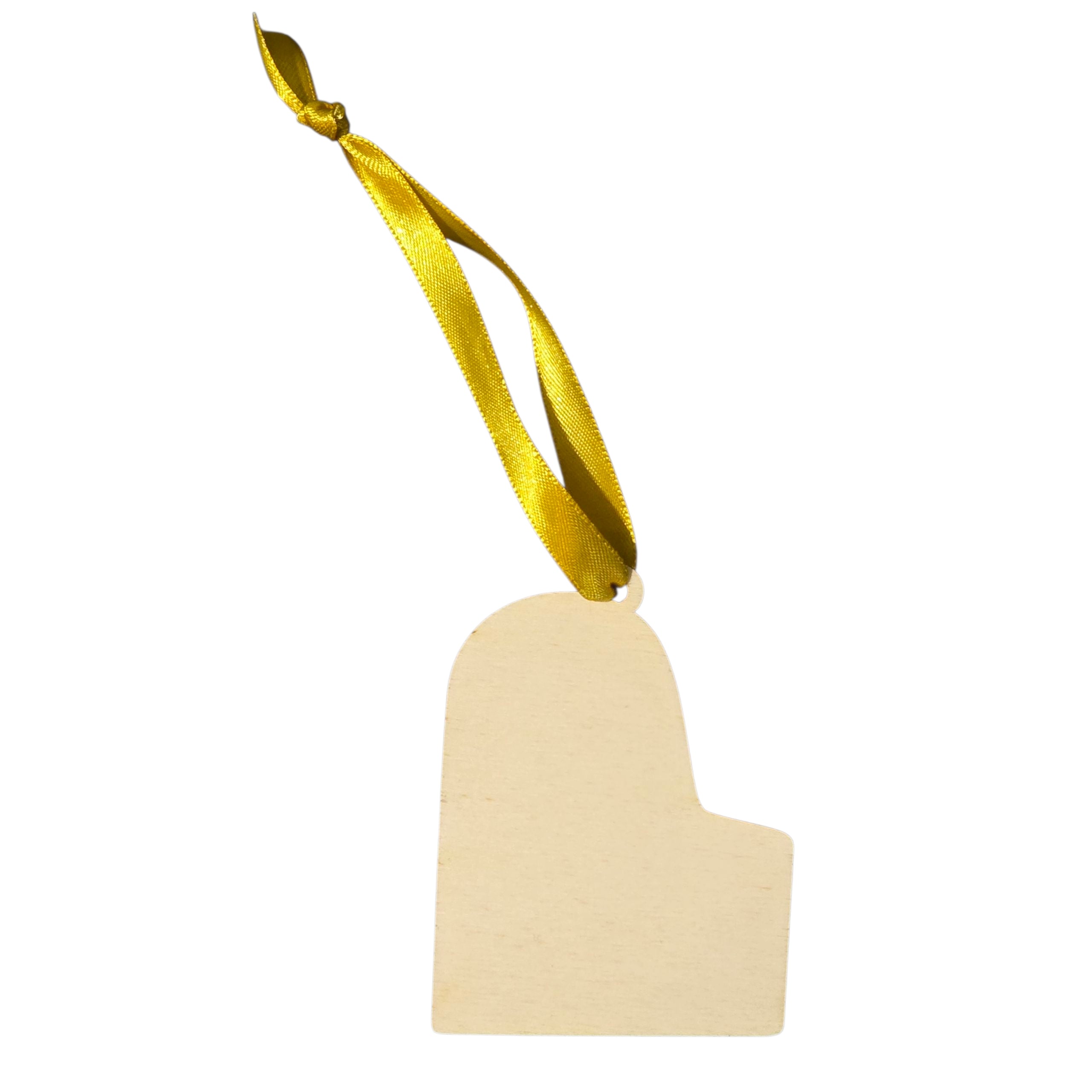 The plain back of a wooden decoration with a gold ribbon on a white background