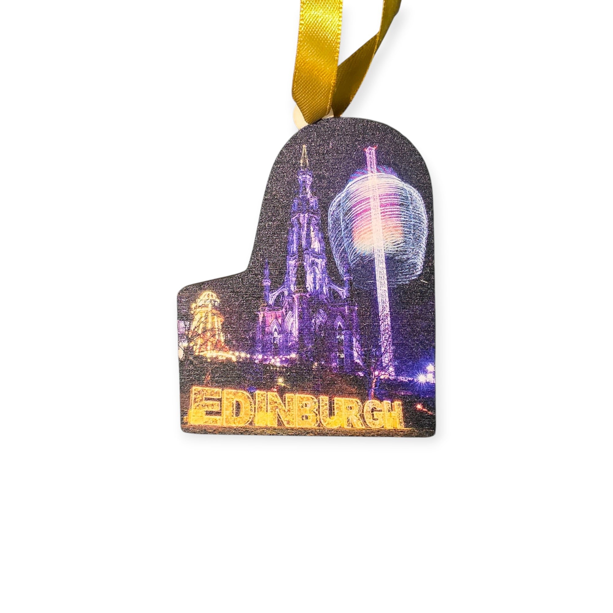 Decorative ornament with Edinburgh skyline and illuminated attractions on a white background