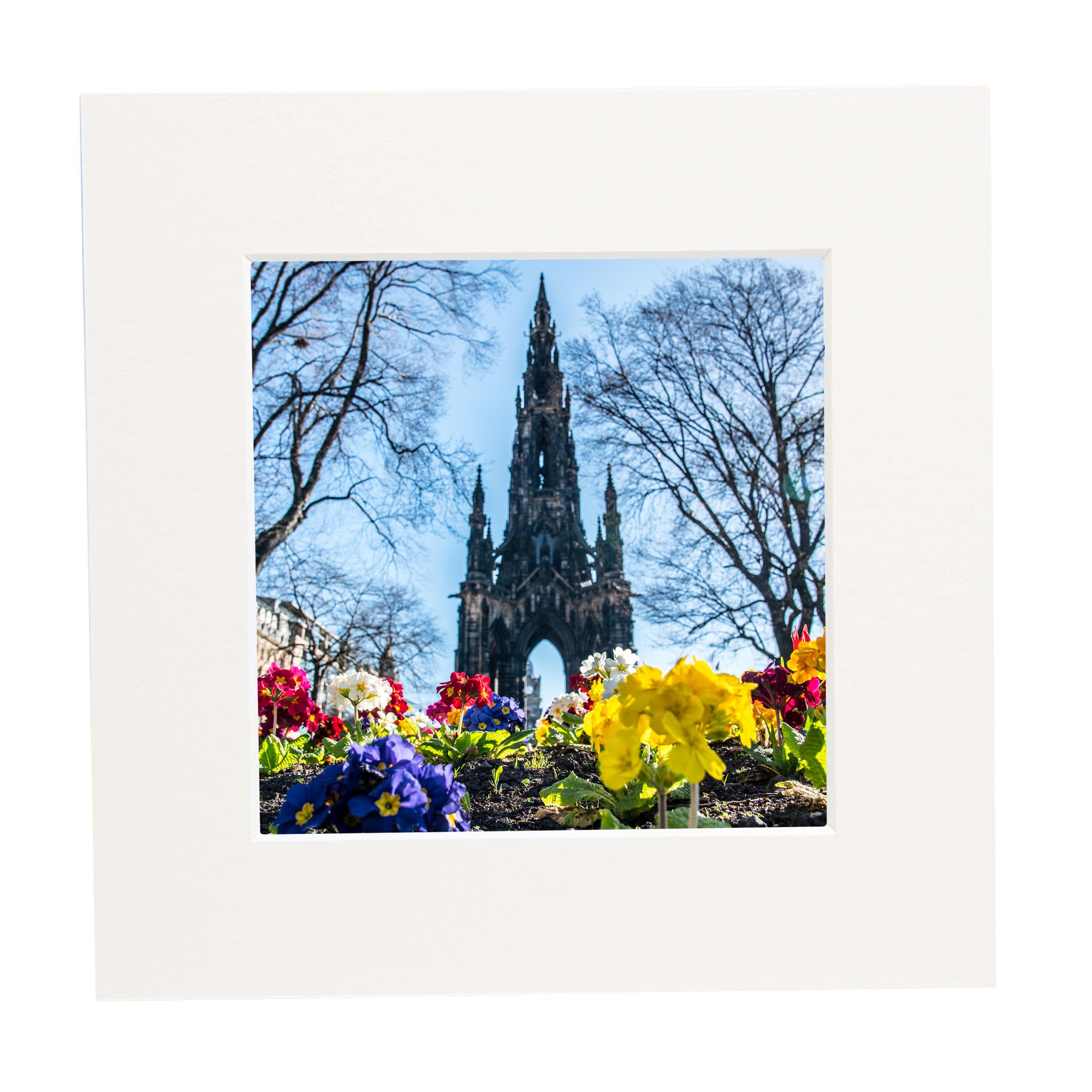 An image of the Scott Monument  Edinburgh with colourful flowers in the foreground in a square mount. 