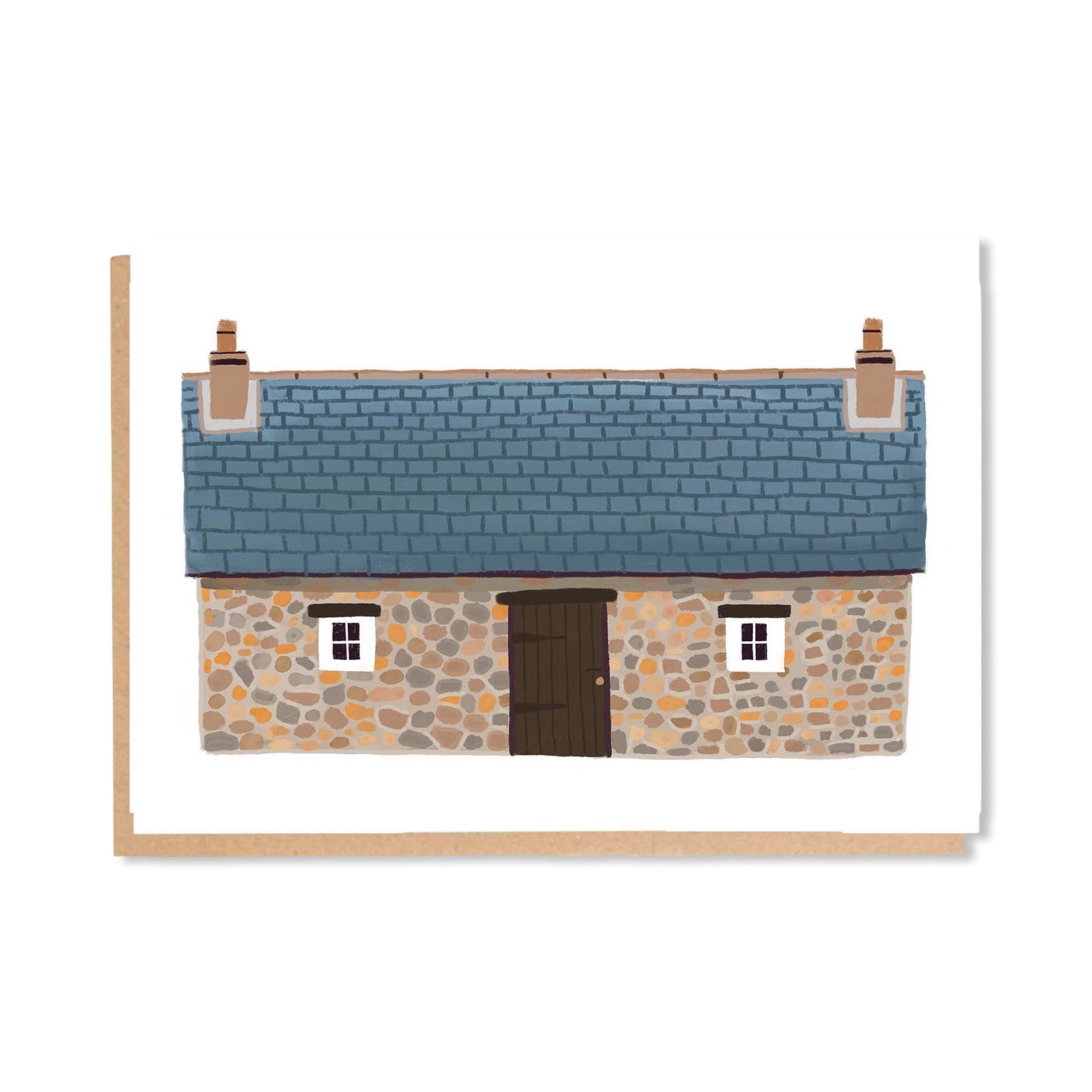 Card featuring an illustration of a traditional stone Scottish bothy