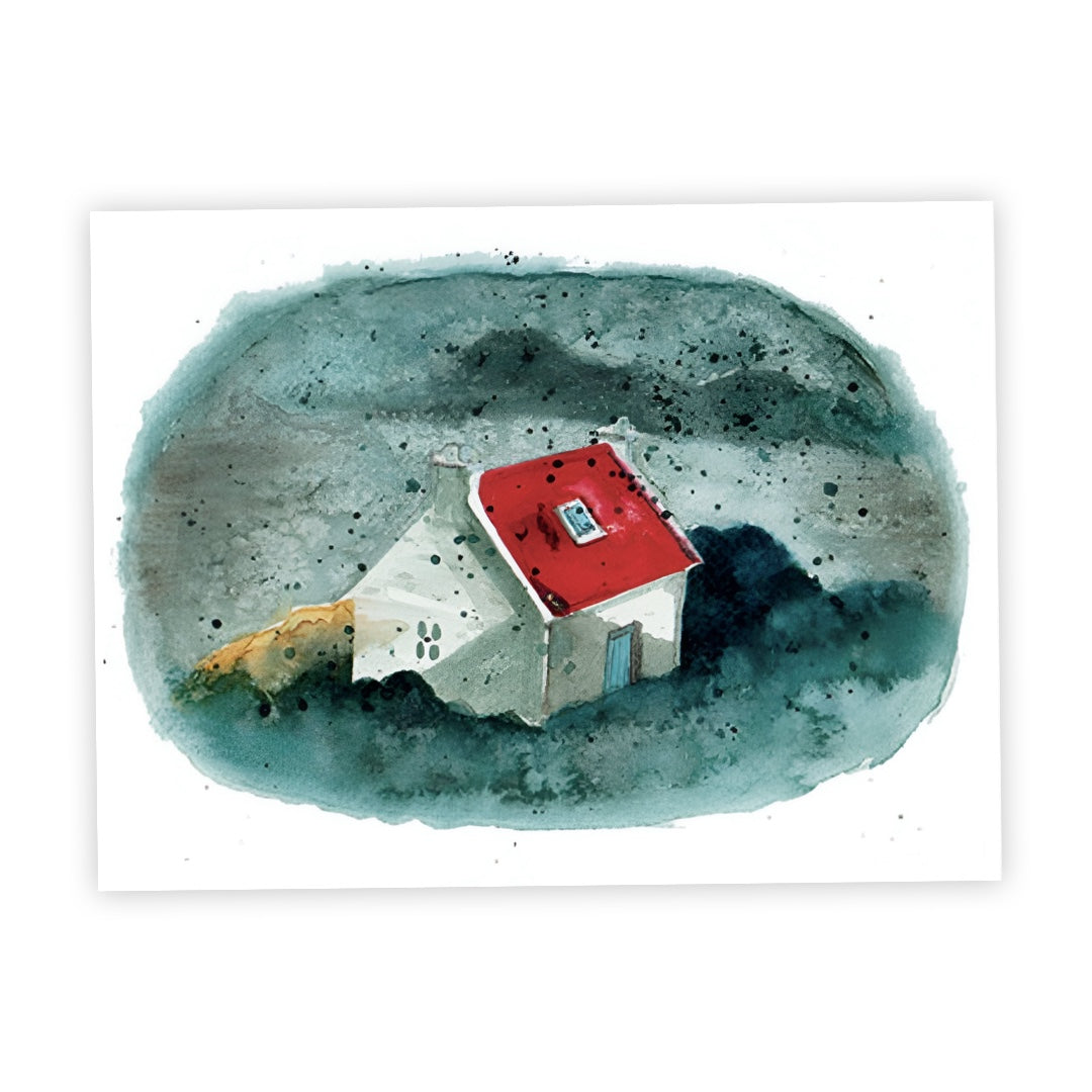 This print features an illustration of a Scottish bothy with a red roof against a blue landscape