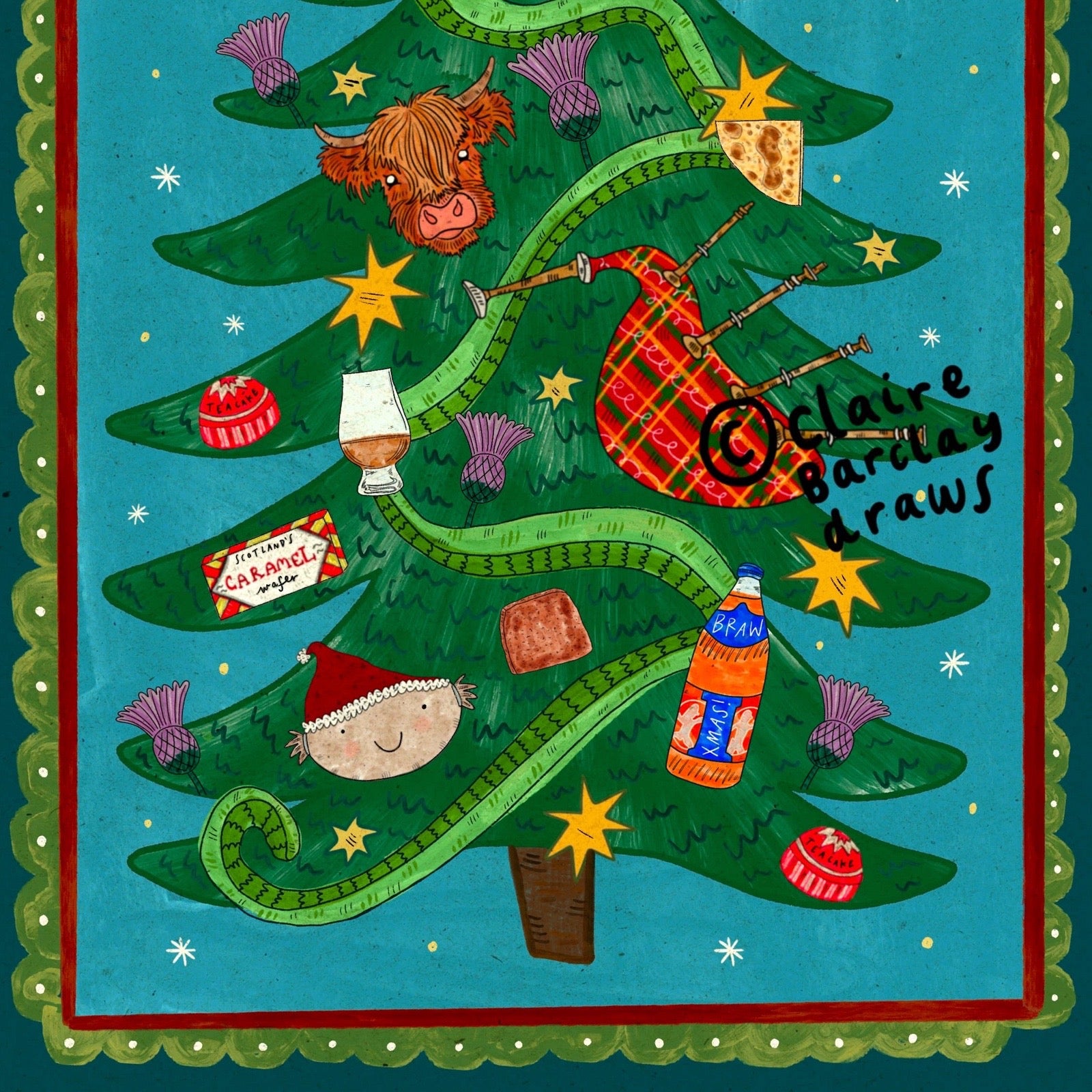 A Christmas tree illustration with decorative holiday objects and faces on the branches, set against a teal background with a scalloped red and green border. A handwritten signature reads 'Clare Barclay draws'.