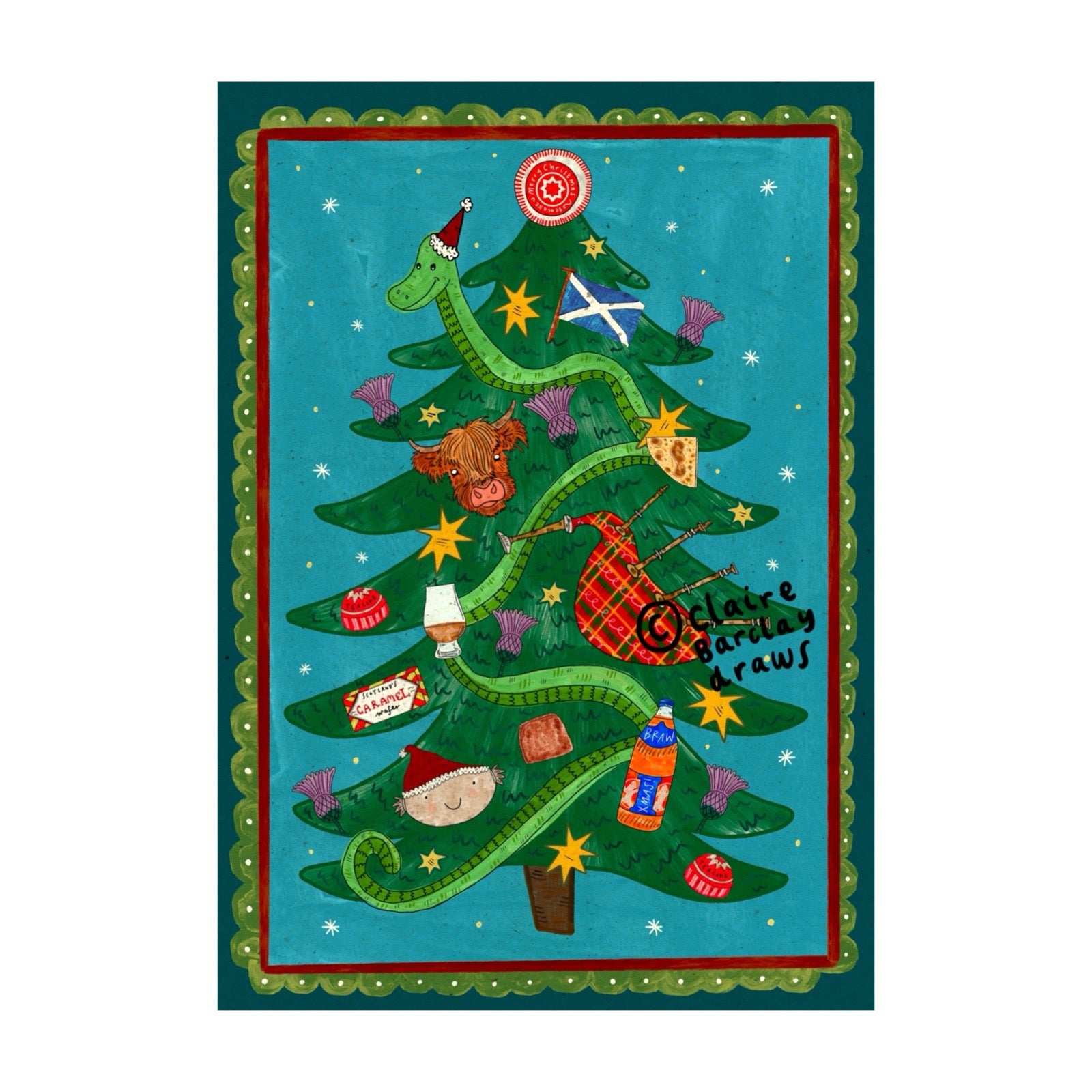 A card featuring a green Christmas tree, decorated with Scottish motifs including a Saltire flag, bagpipes, the Loch Ness monster, and small stars on a teal background.