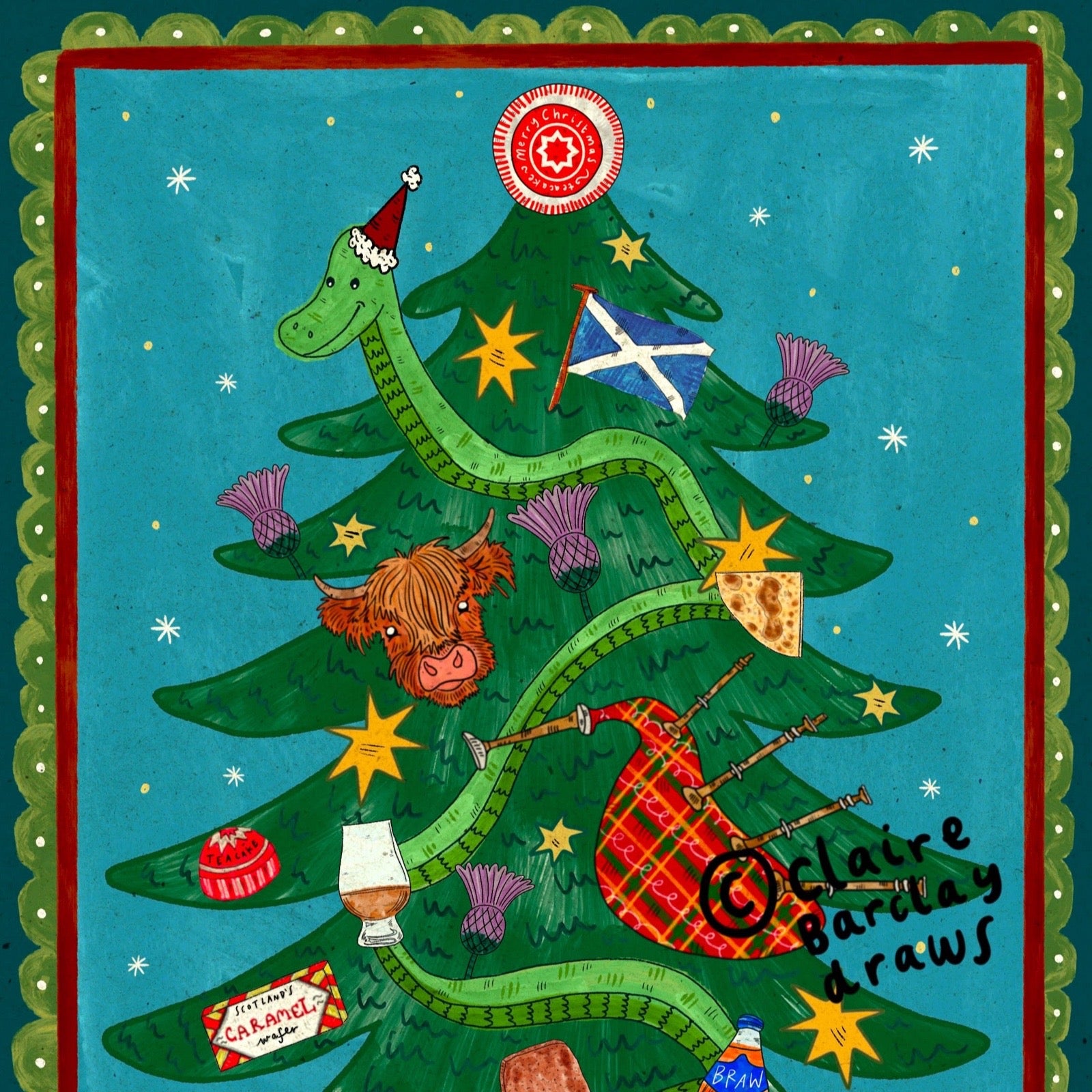 An illustrated Christmas tree with a green Loch Ness monster, Scottish motifs including a saltire flag, bagpipes, a Highland cow, a whisky glass, and decorative stars on a teal background. The artwork has a red border and visible text reading 'Claire Barclay draws'.