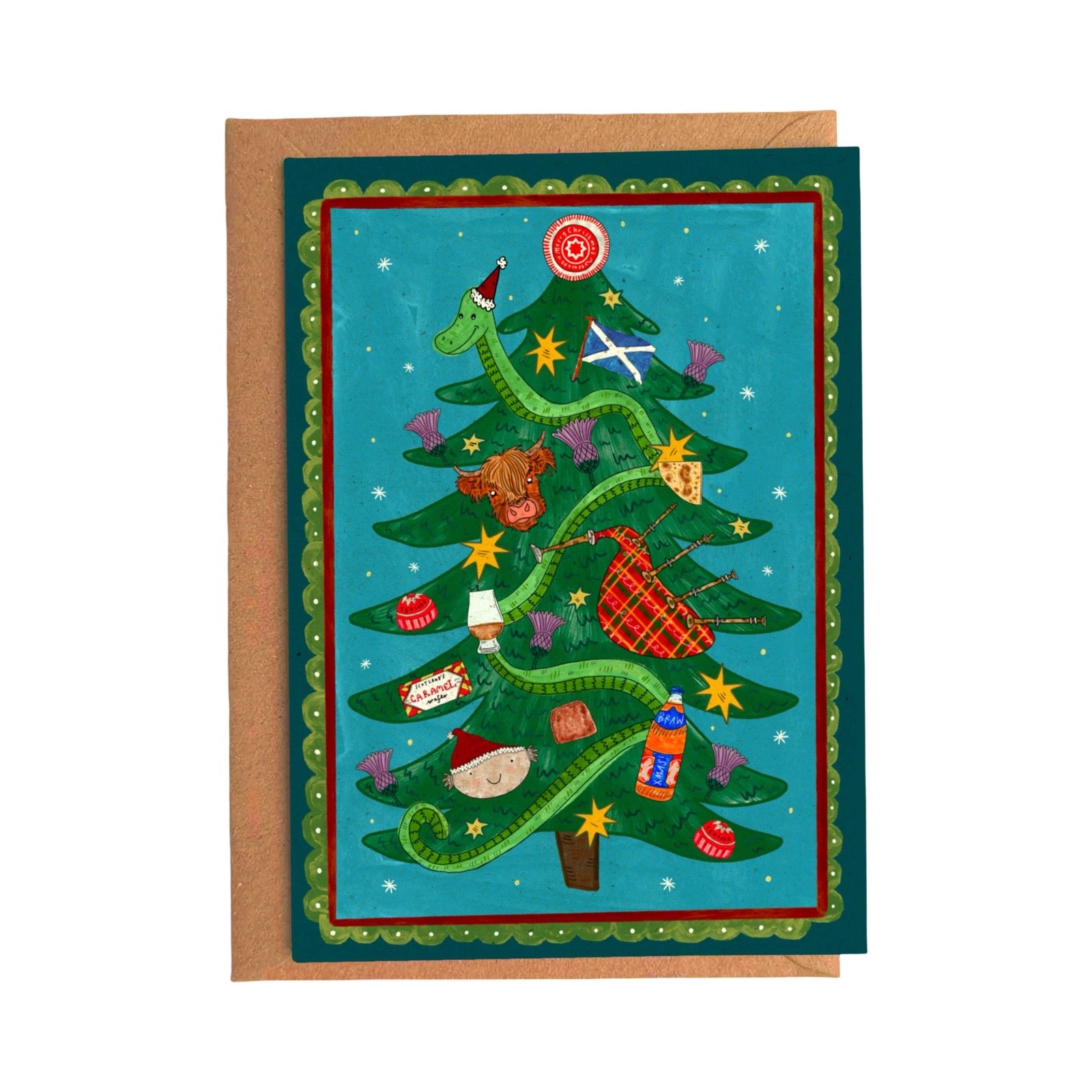 A square greeting card with a whimsical Christmas tree design featuring a holiday ornaments, shown with a brown kraft envelope behind it on a white background.