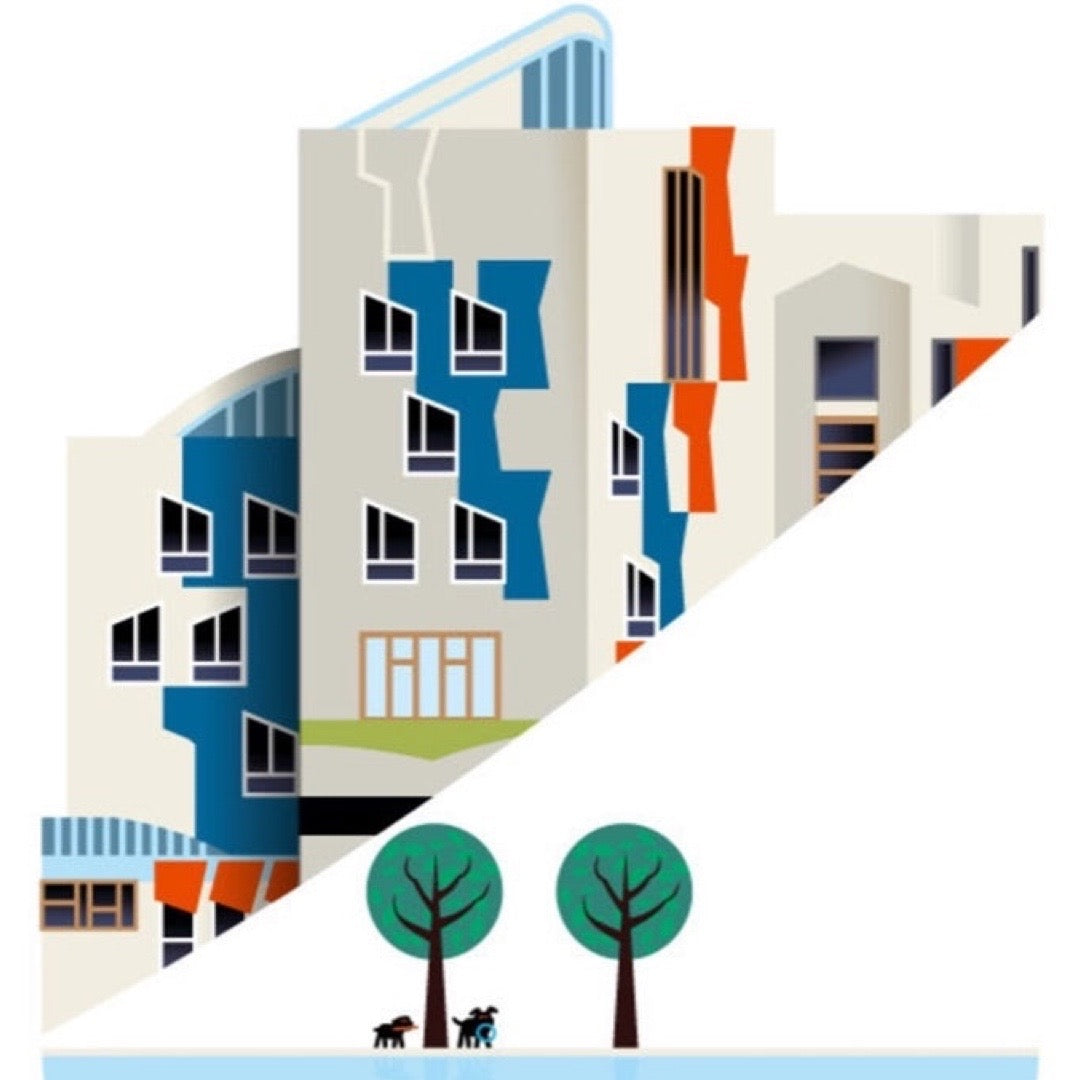 Colorful architectural design with trees and people on a white background.