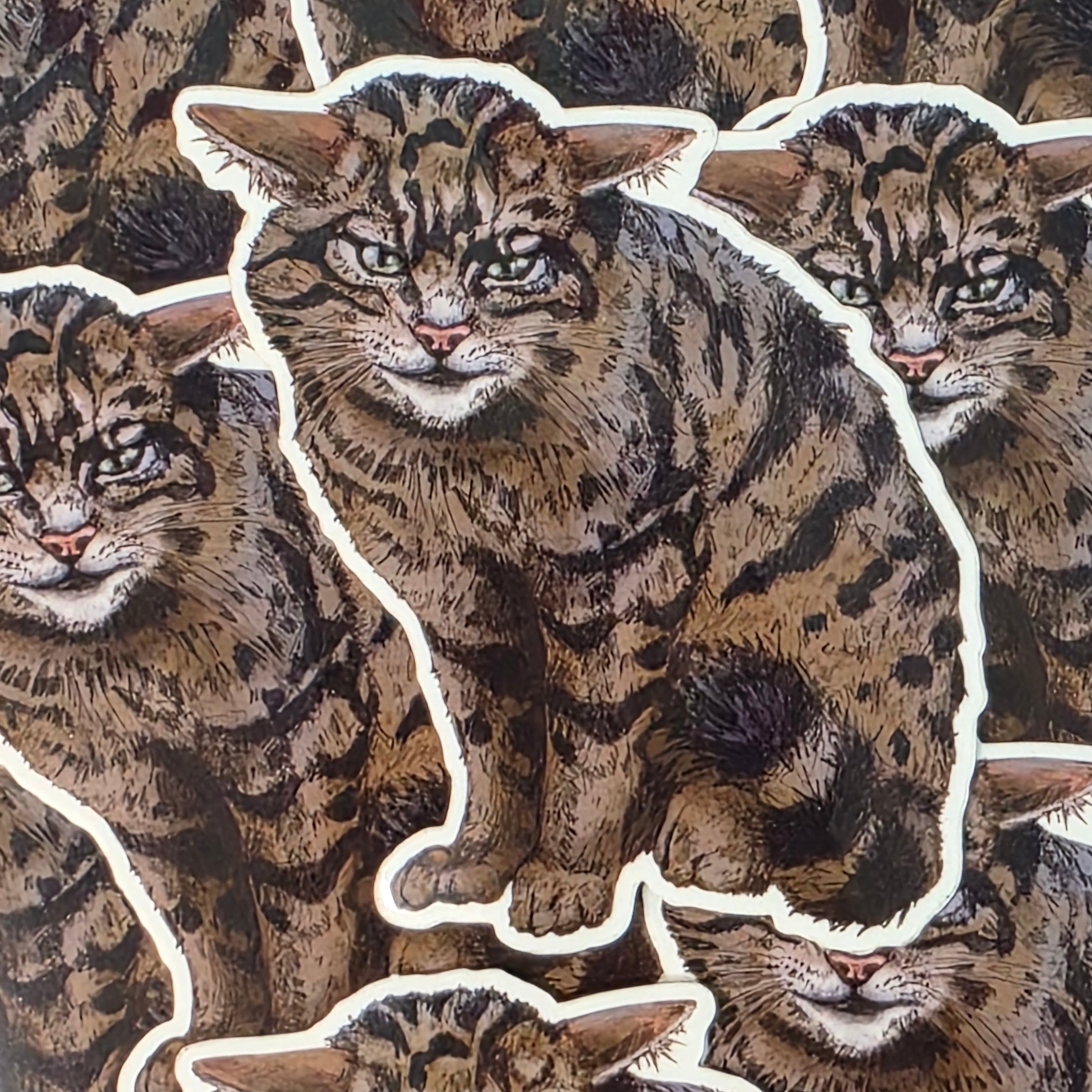 This cat-shaped vinyl sticker features an illustration of a Scottish wildcat.