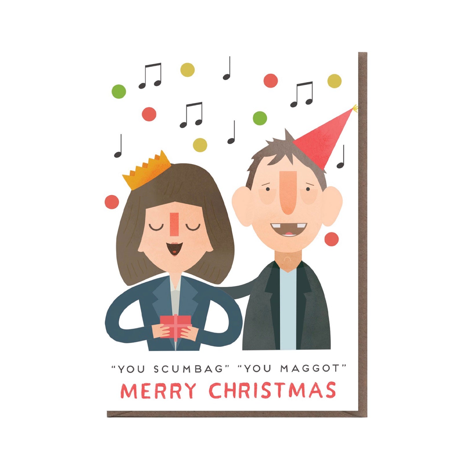 Christmas card featuring an illustration of Kirsty MacColl and Shane MacGowan singing, with the text 'You Scumbag, You Maggot Merry Christmas' below, from the classic Christmas song The Fairytale of New York.