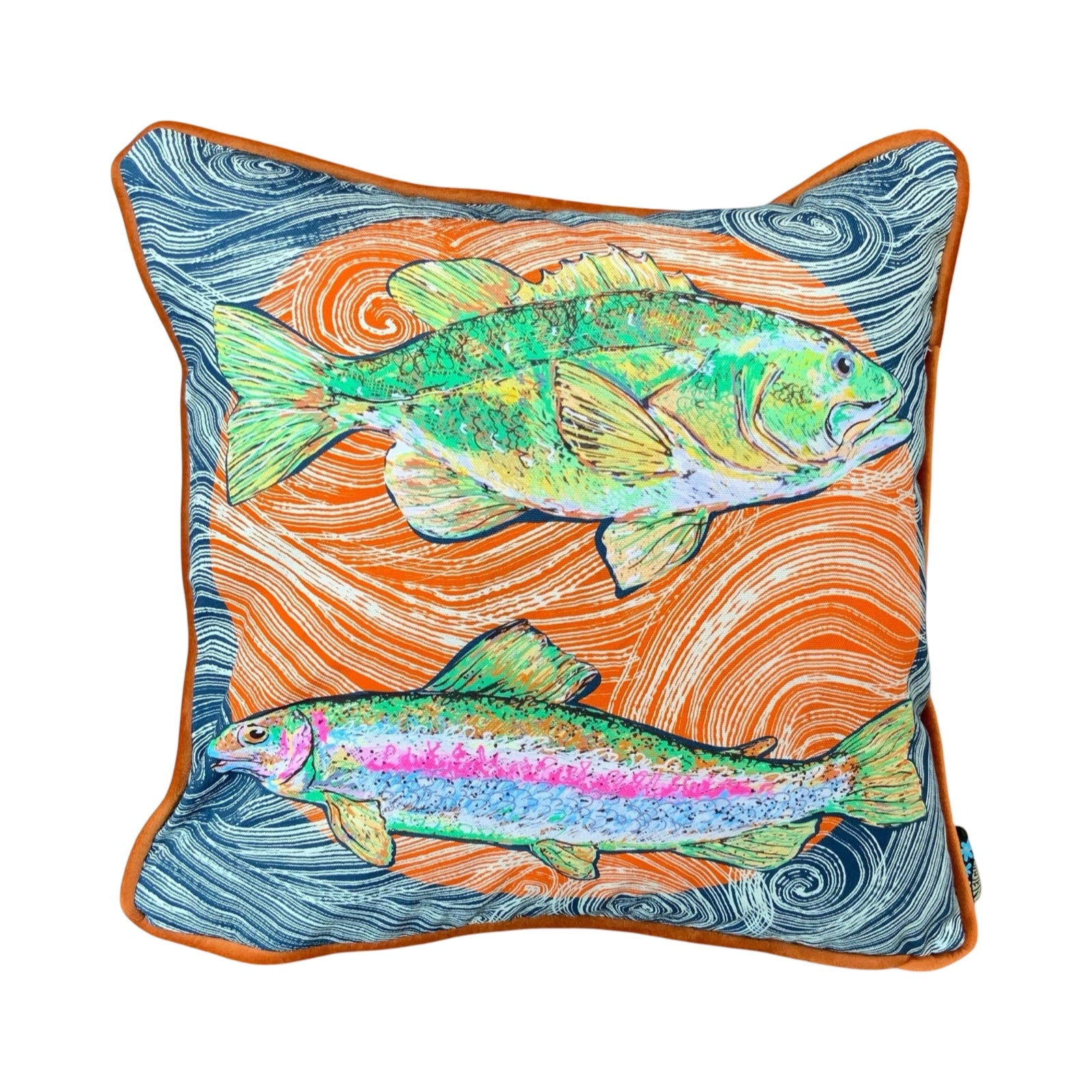 Sea Bass cushion featuring two fish, on an orange and blue background. Vibrant high quality printed cotton front, trimmed with handmade burnt orange velvet piping and backed with luxurious emerald green velvet.