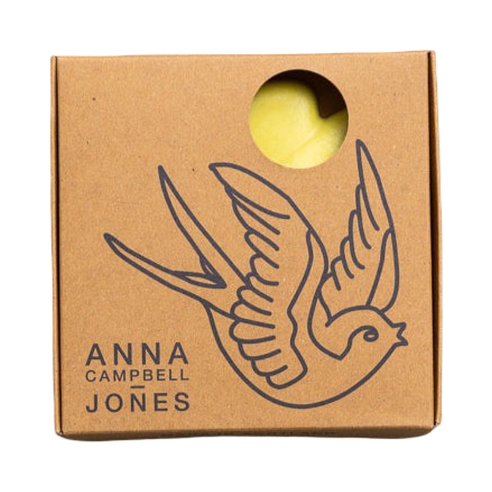Cardboard box with a bird illustration and 'Anna Campbell Jones' branding on a white background.