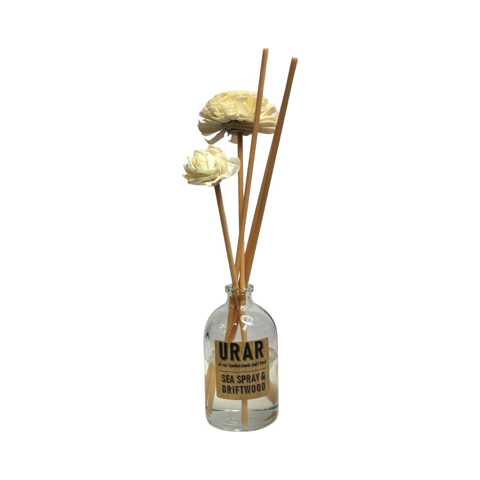 Reed diffuser with floral tops and wooden sticks in a clear bottle labeled 'URAR'.