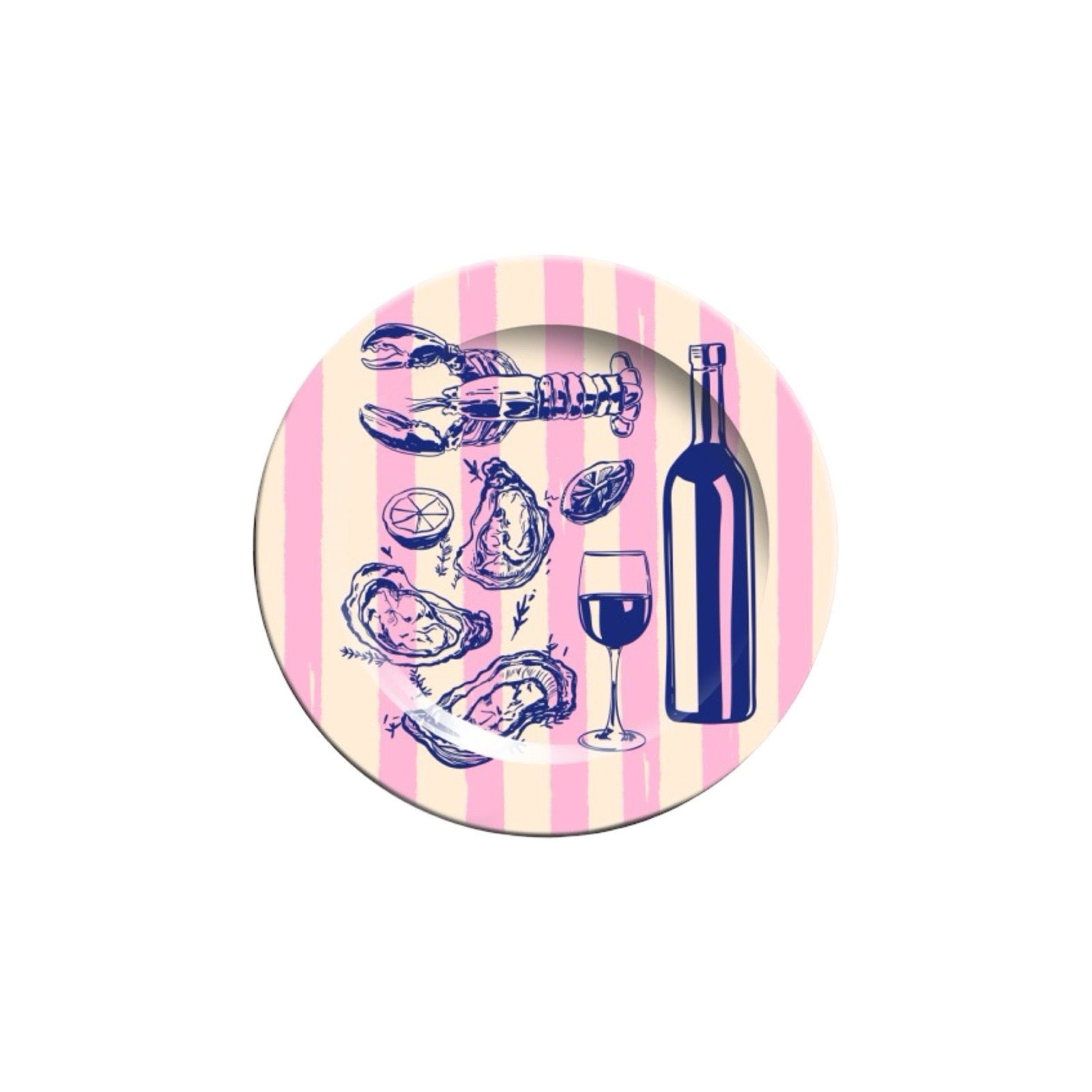 Round plate with blue illustrations of a bottle, glass, and oysters on a pink and white striped background.
