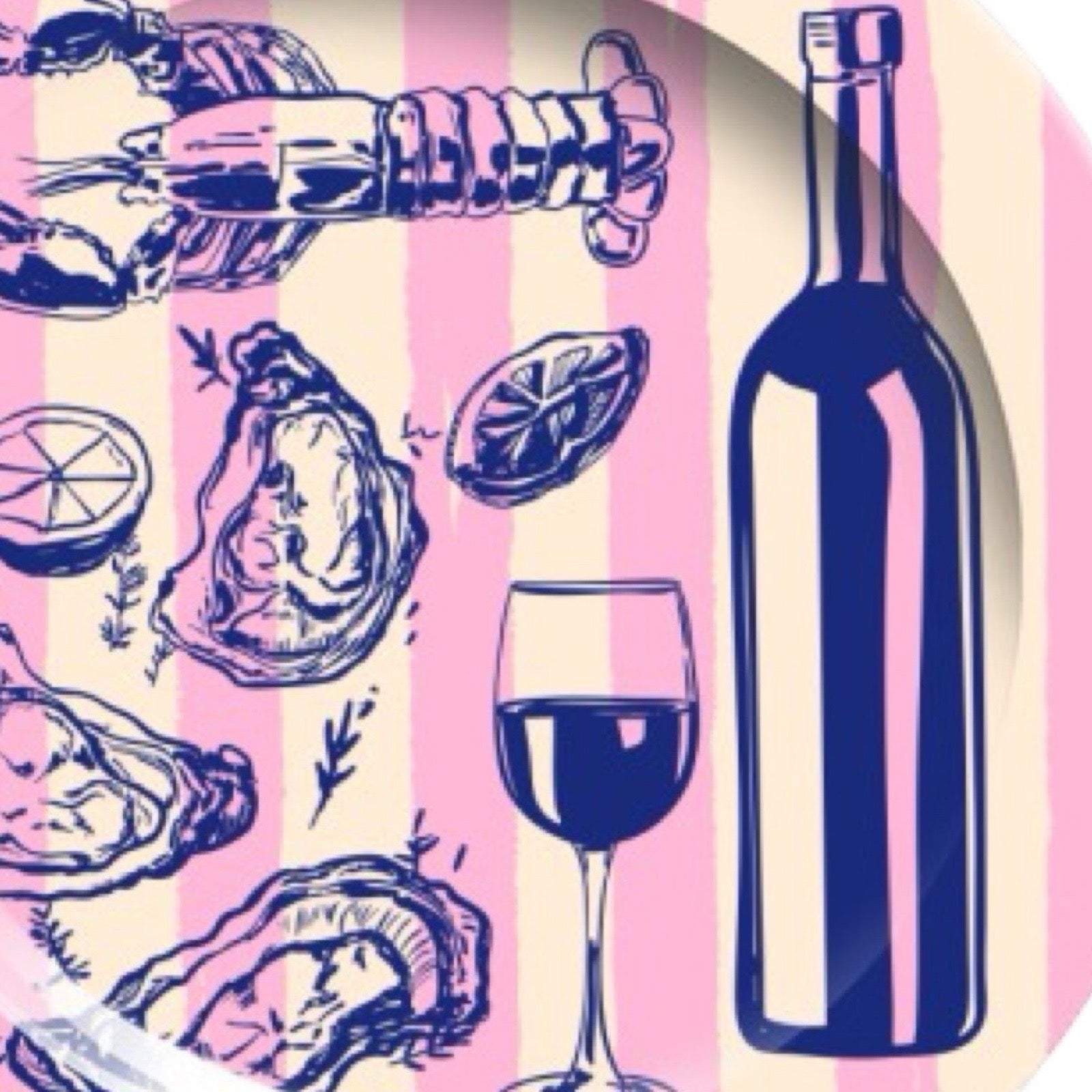 Round plate with blue illustrations of a bottle, glass, and oysters on a pink and white striped background.