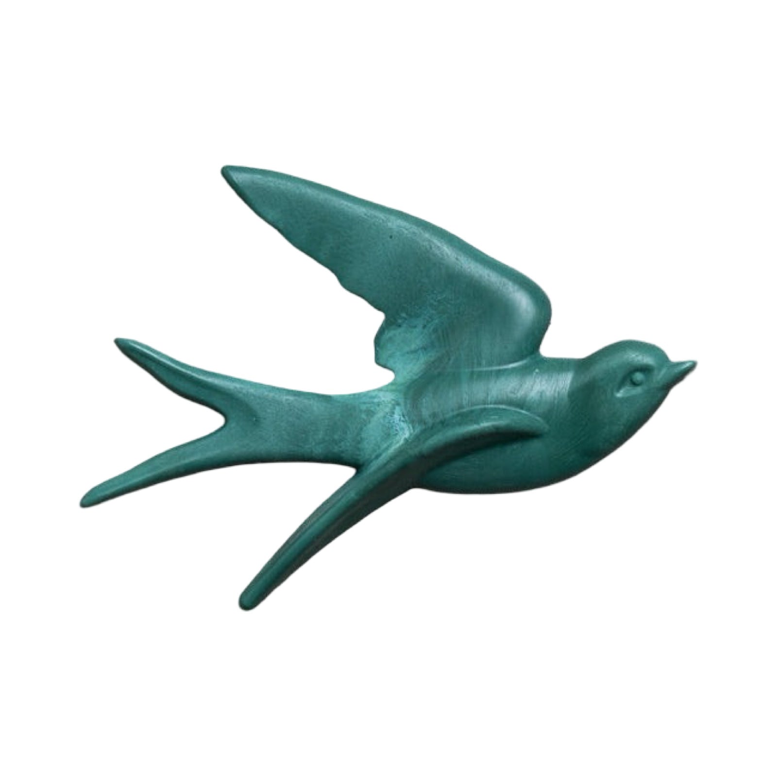 Teal bird figurine on a white background.