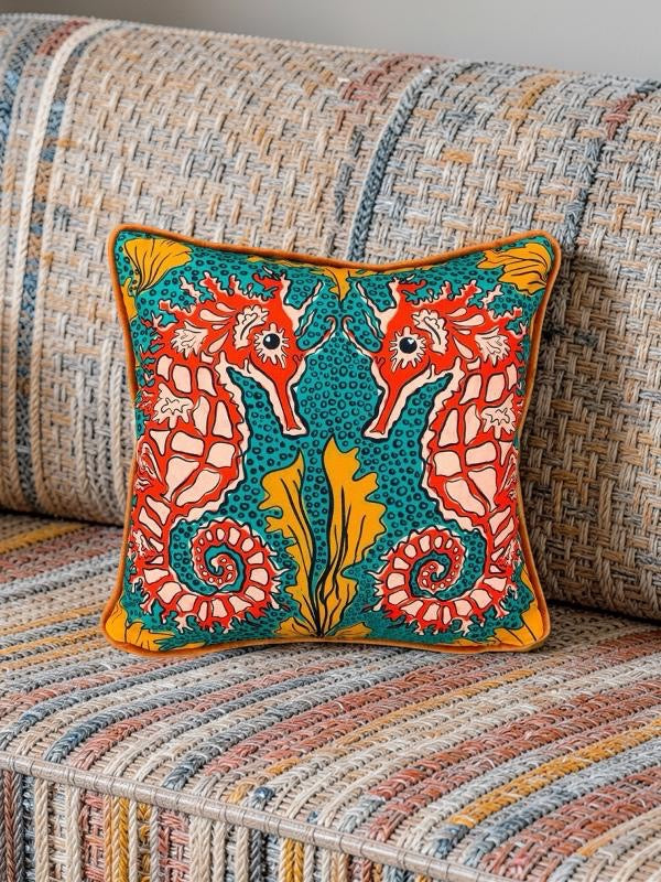 Colourful cushion cover featuring a pair of red and white seahorses against a green bubbly background with orange seaweed, sat on a colourful sofa.
