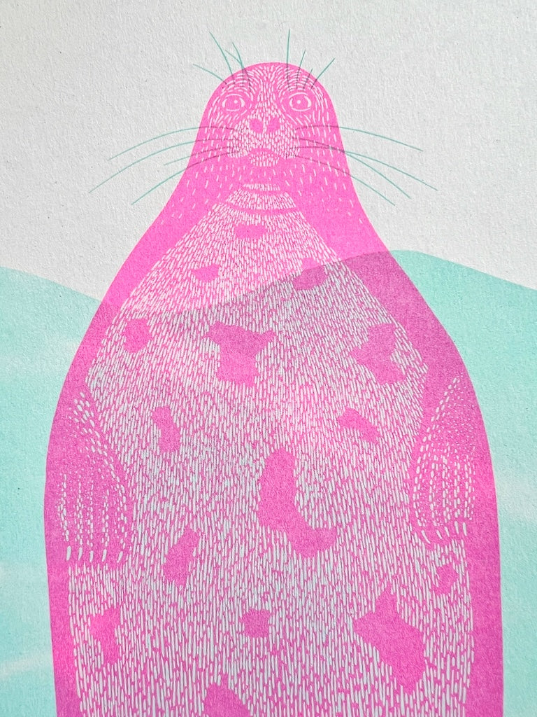 Artwork of a pink seal in blue water.