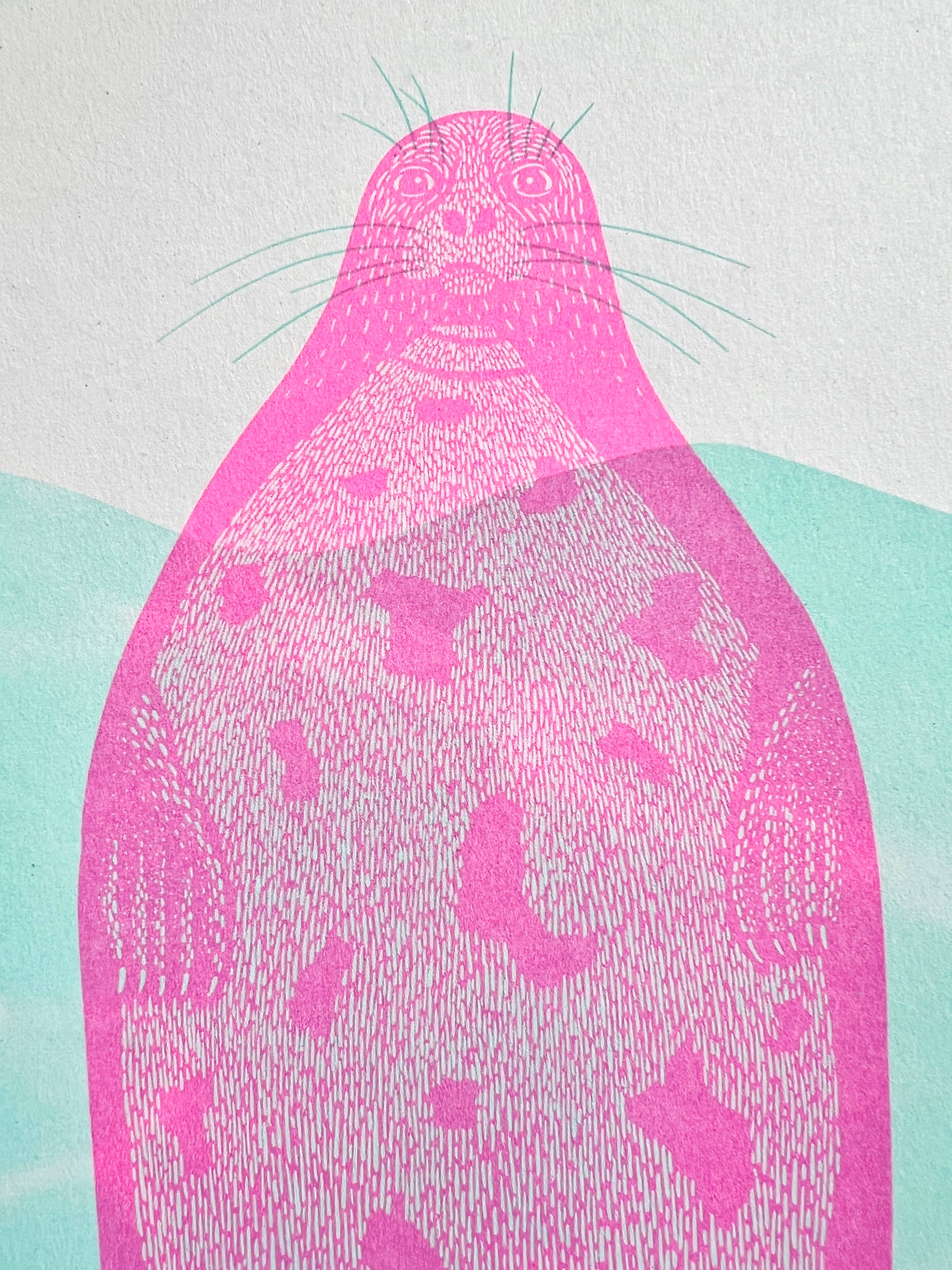 This risograph print features a giant pink seal in the sea.