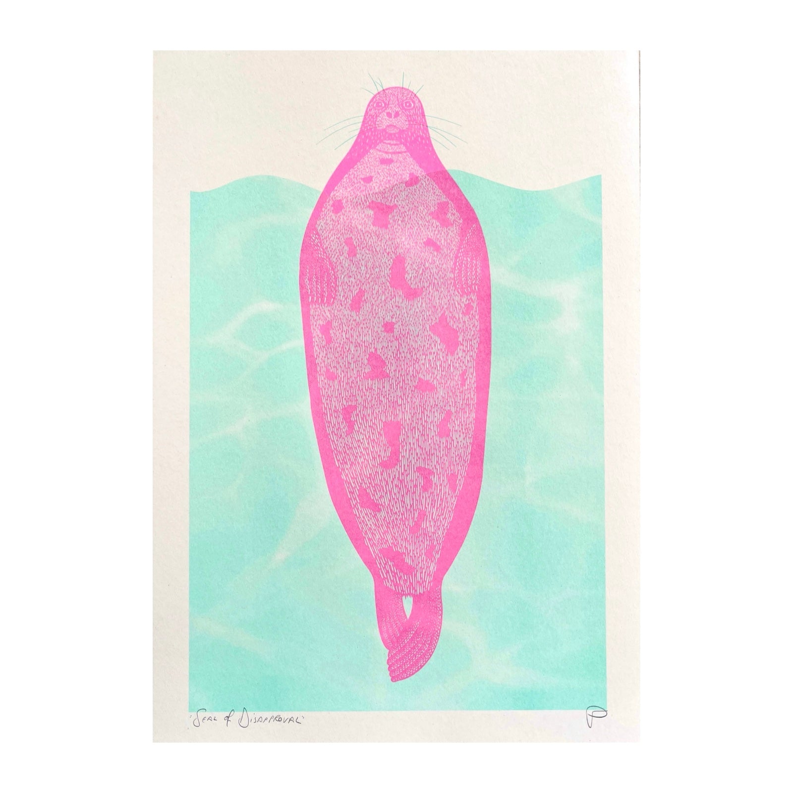 This risograph print features a giant pink seal in the sea.