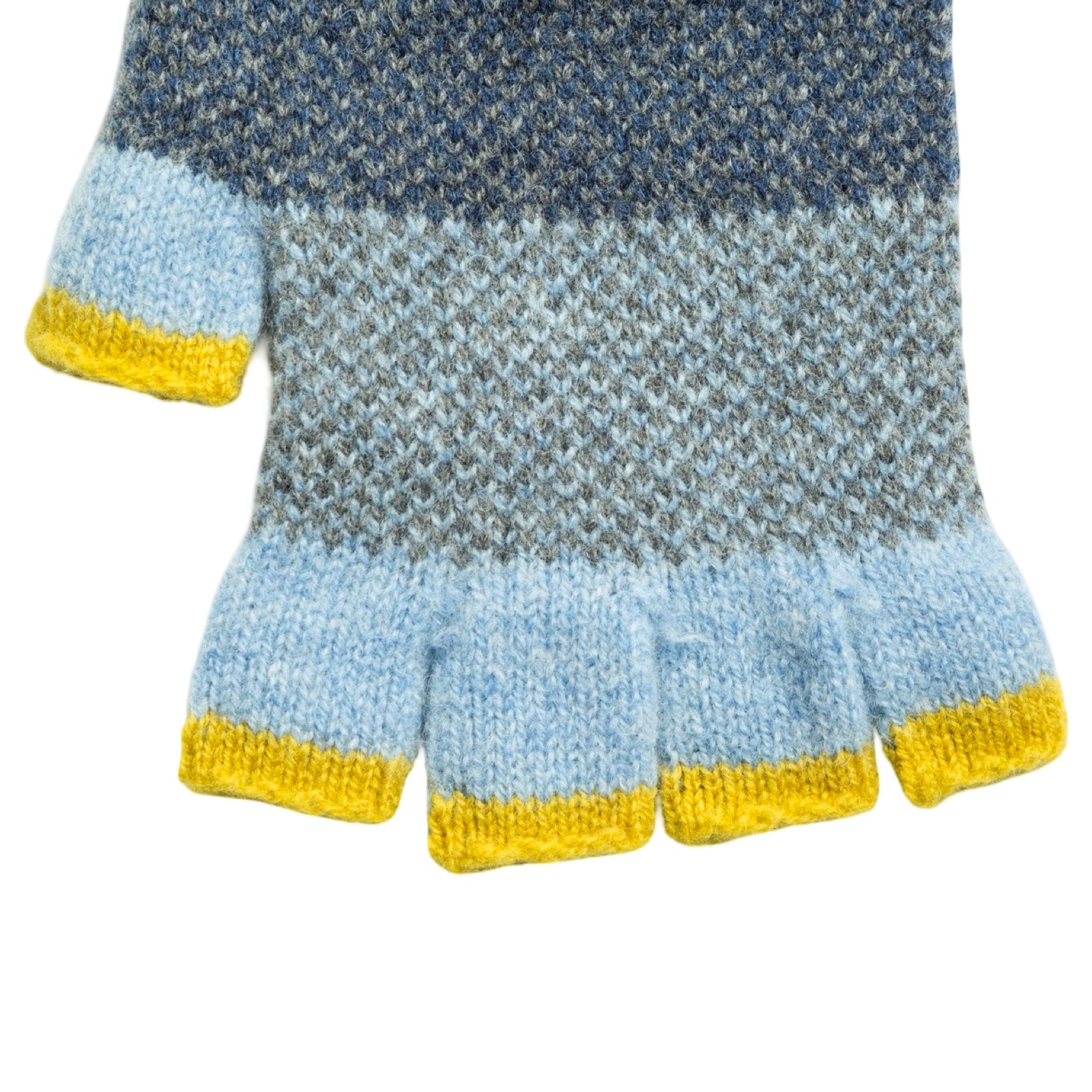 Knitted fingerless gloves with blue, gray, and yellow pattern on a white background.