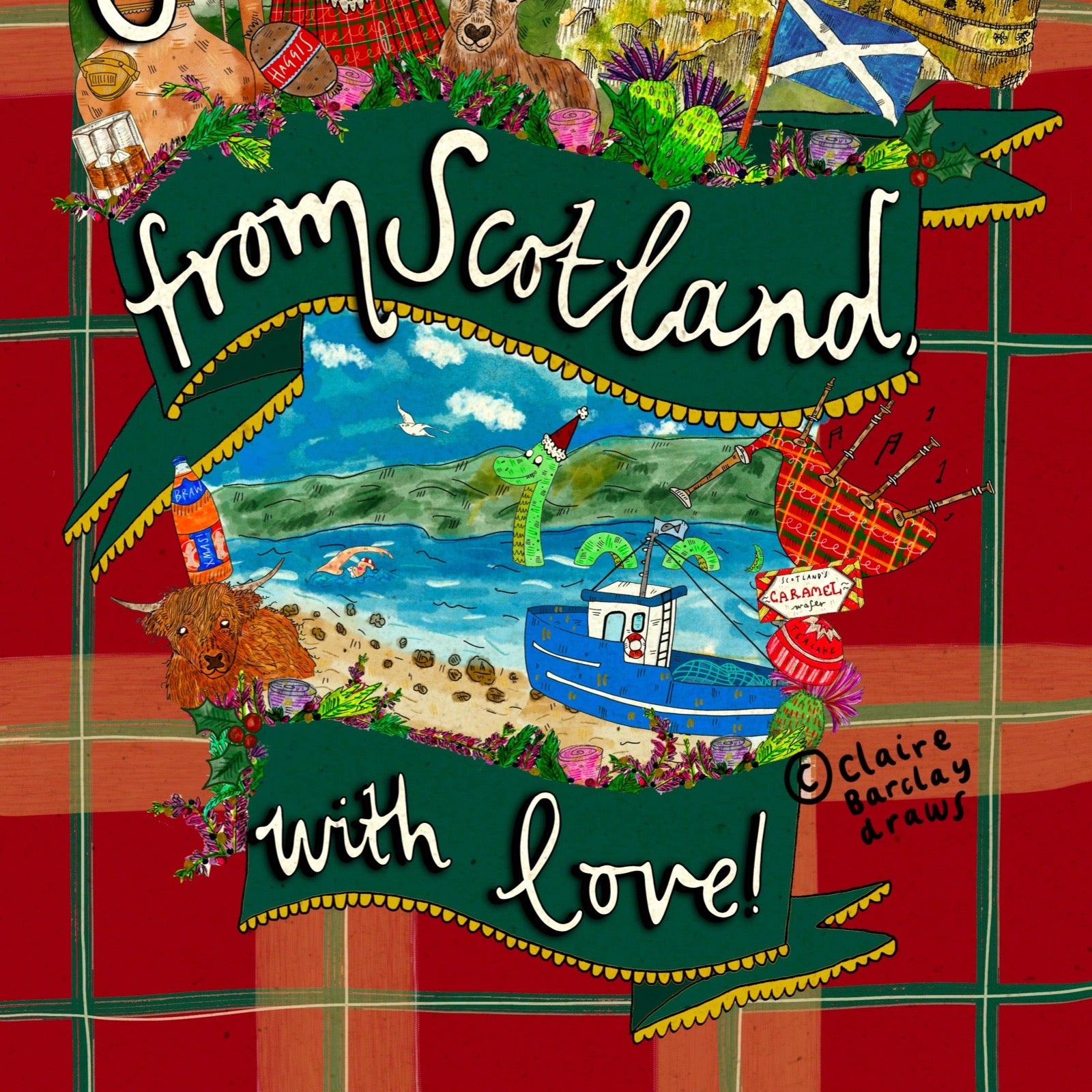 A colourful illustrated design with the text 'from Scotland with love!' over a red tartan background. The artwork includes a beach scene with a blue boat, a Scottish flag, a bagpipe player, a Highland cow, and other playful motifs.