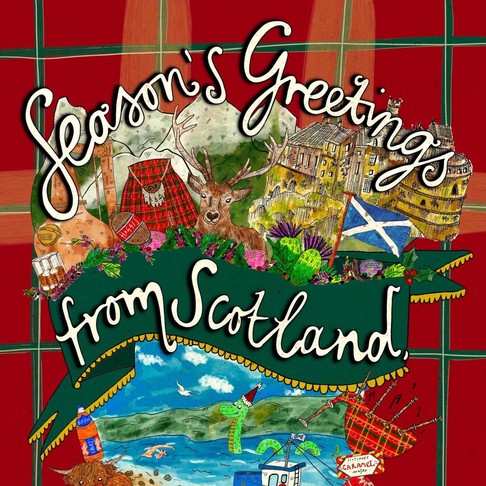 A festive illustrated greeting card design with the words “Season’s Greetings from Scotland” over a red tartan background. The artwork includes a deer, castle, kilted figure, Scottish flag, boats on water, bagpipes, and other Scottish motifs.