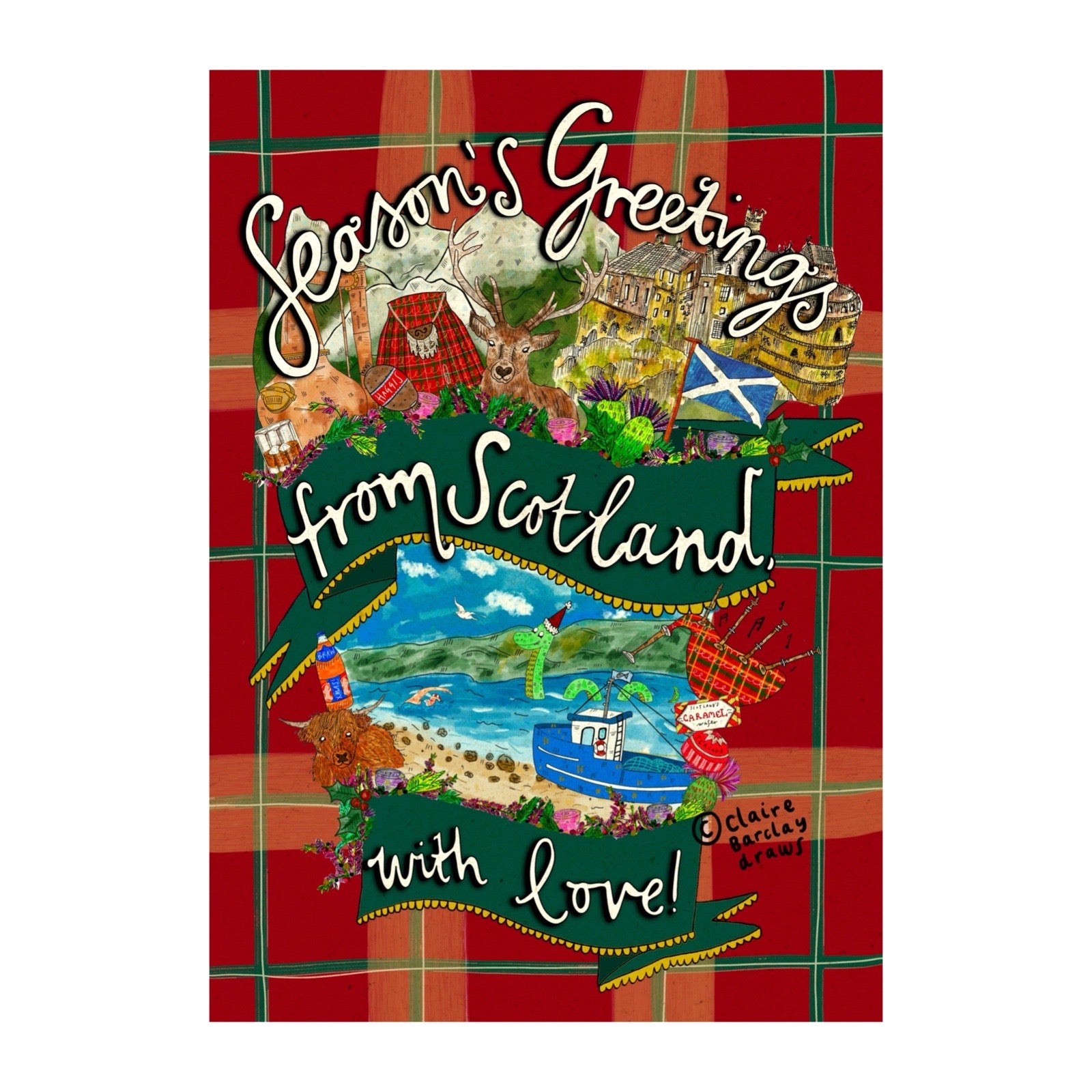 A square Scotland-themed greeting card or print with a red tartan background and illustrated collage elements including a lighthouse, boat, beach, mountains, and buildings. Large script text reads 'Season's Greetings from Scotland with Love!' and a smaller signature reads 'Claire Barclay Brown'.