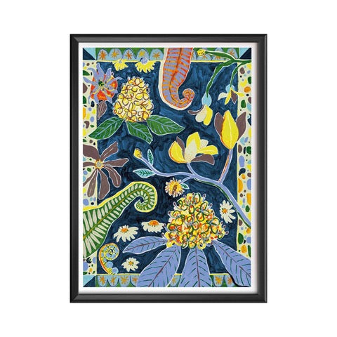 A beautiful navy print reproduced from an original painting featuring colourful flowers and a folk-inspired colourful border. 