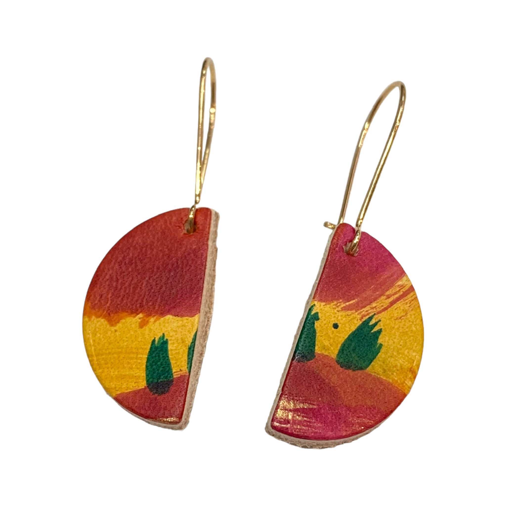 These semi circle drop earrings are crafted with hand-painted lightweight leather.